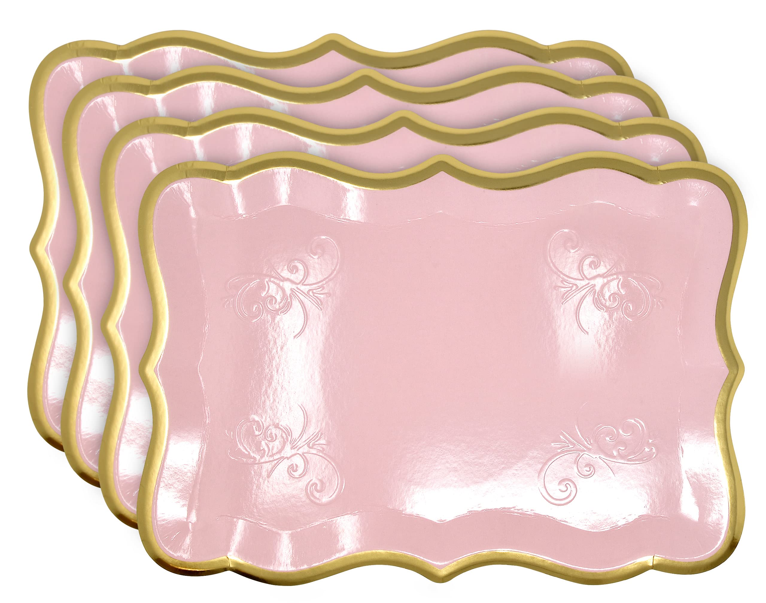 10 Pink Rectangle Trays with Gold Rim Border for Elegant Dessert Table Serving Parties 9" X 13" Disposable Paper Cardboard Platters for Cupcake Display Wedding Baby Shower & Birthday Party Food Safe