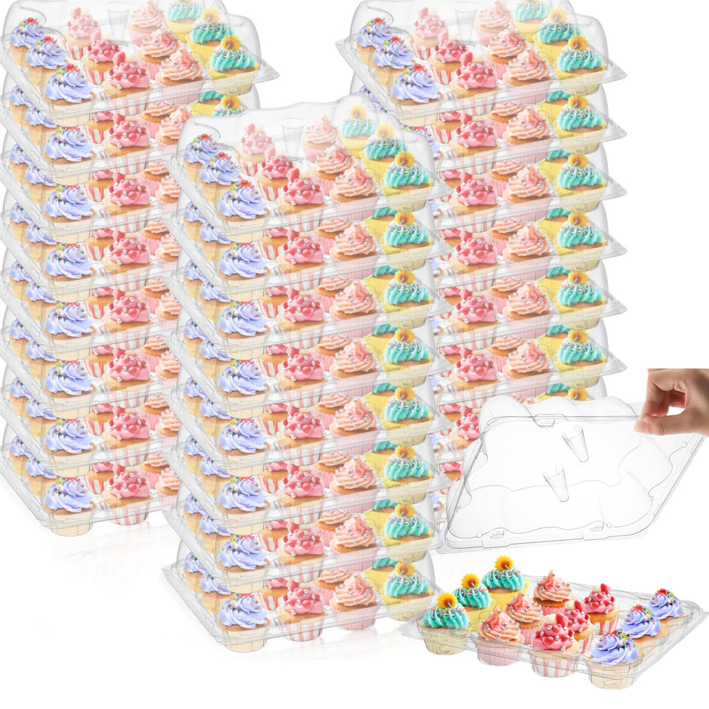 AVLA 24 Pack Plastic Cupcake Containers, 12 Counts Stackable Cupcake Carrier, Mini Cupcake Box with Detachable Secure High Top Lid, Disposable Cupcake Holder Trays, Muffin Packaging Transporter To Go