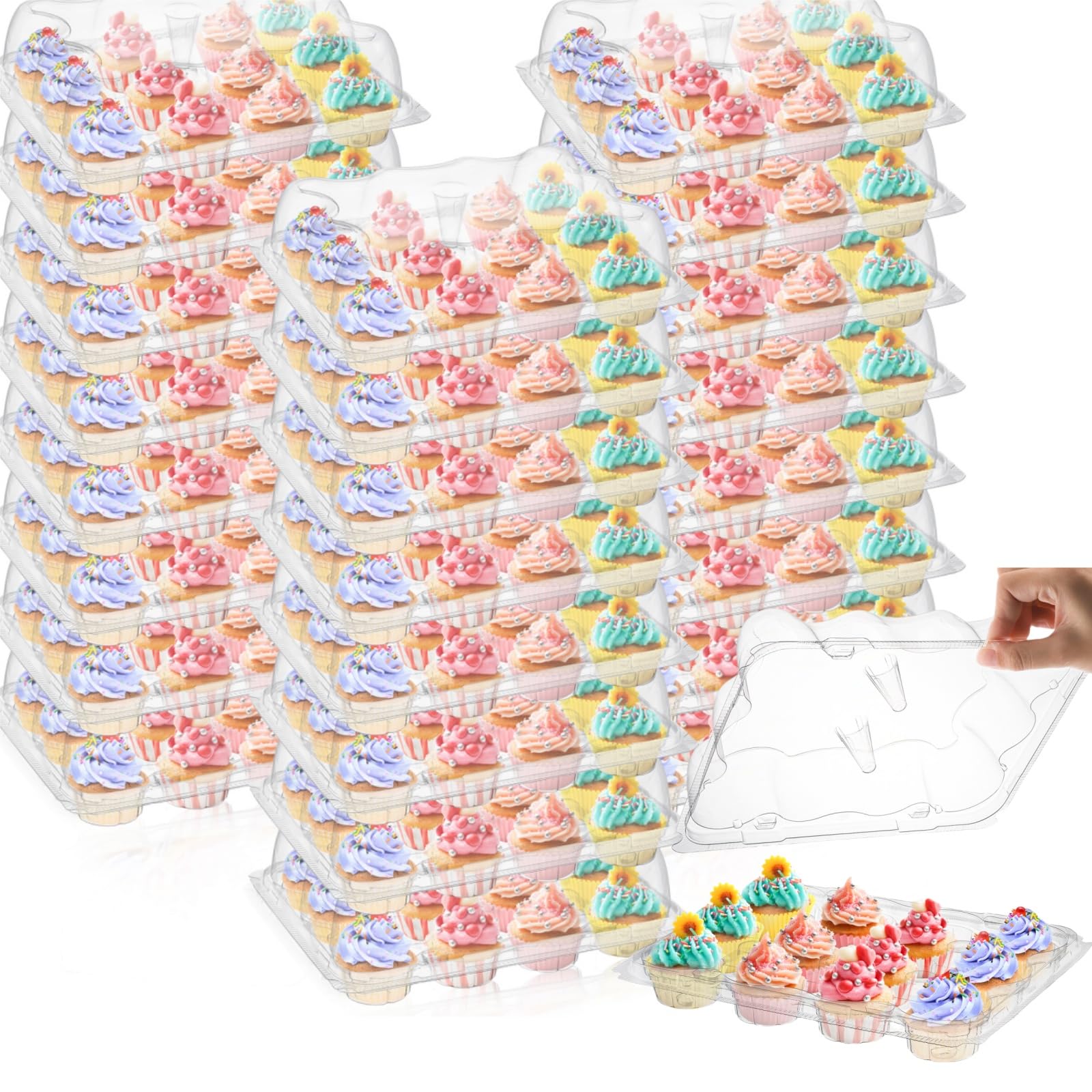 AVLA 24 Pack Plastic Cupcake Containers, 12 Counts Stackable Cupcake Carrier, Mini Cupcake Box with Detachable Secure High Top Lid, Disposable Cupcake Holder Trays, Muffin Packaging Transporter To Go