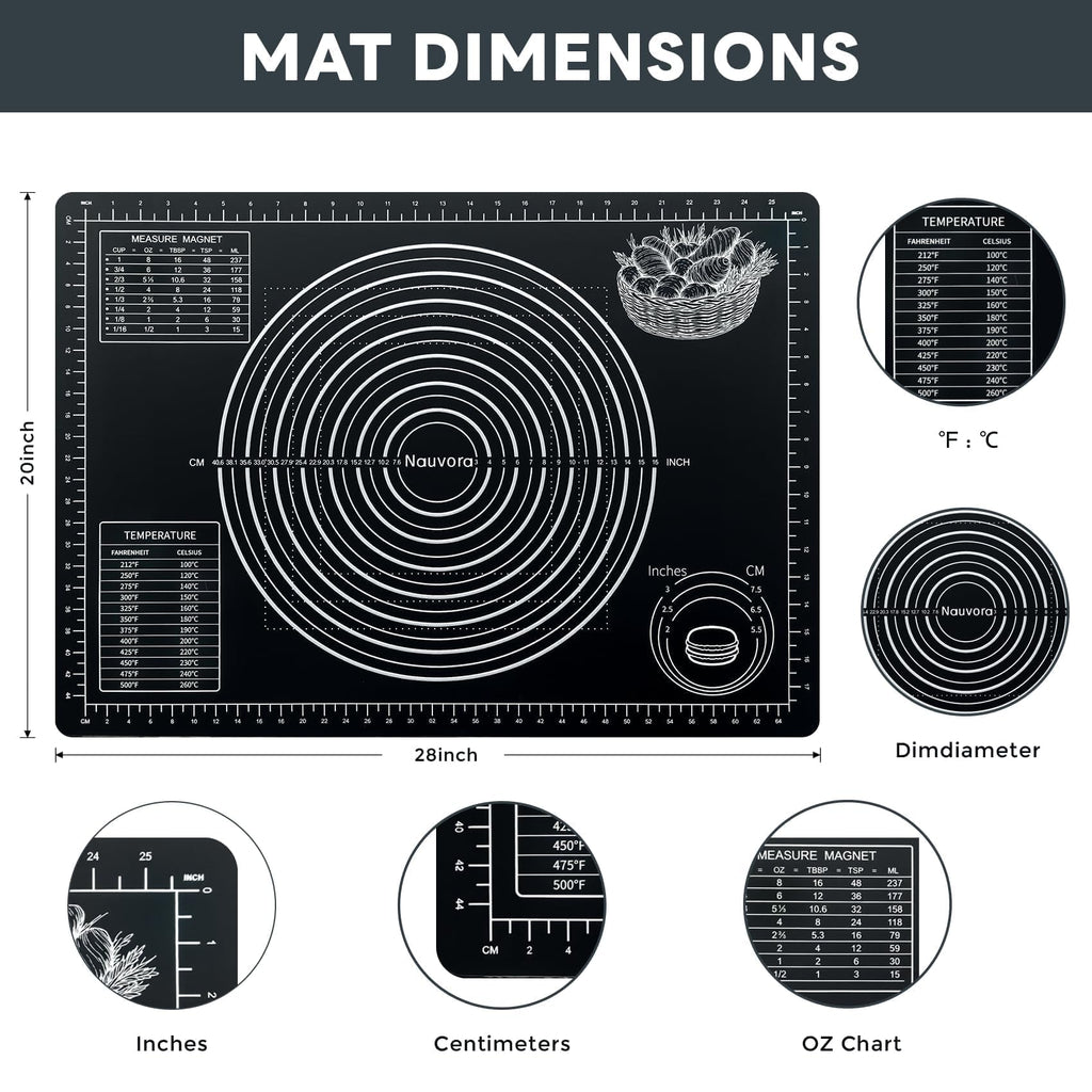 Nauvora Extra Large Baking Mat - 28" Silicone Pastry Mat, Reusable Non-Stick Dough Mat with Measurement for Fondant, Rolling Dough, Pie Crust, Pizza and Cookies, Black