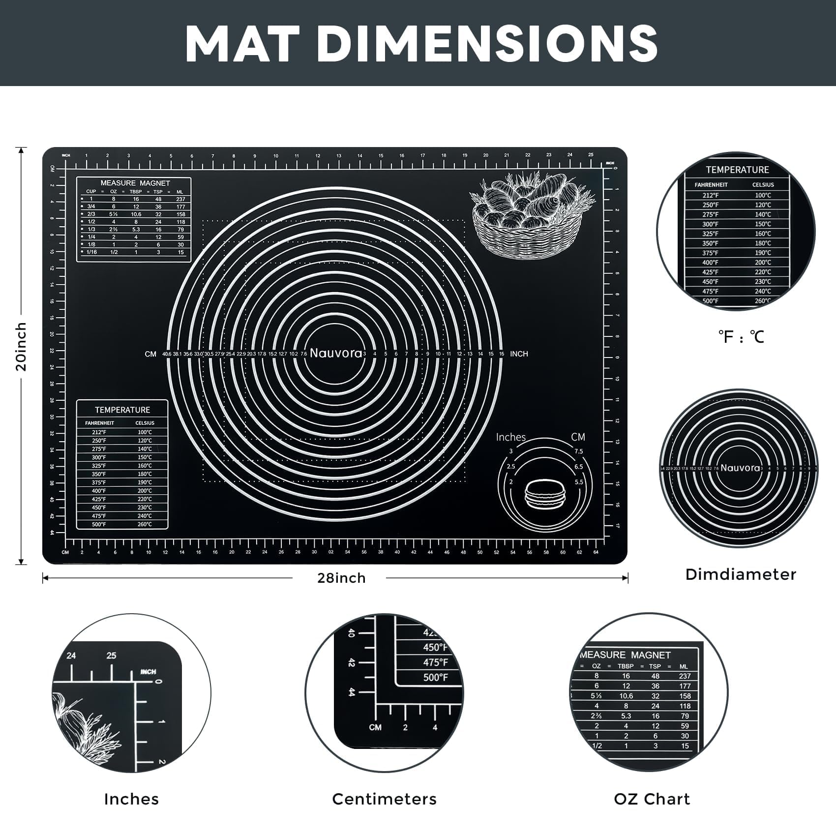 Nauvora Extra Large Baking Mat - 28" Silicone Pastry Mat, Reusable Non-Stick Dough Mat with Measurement for Fondant, Rolling Dough, Pie Crust, Pizza and Cookies, Black