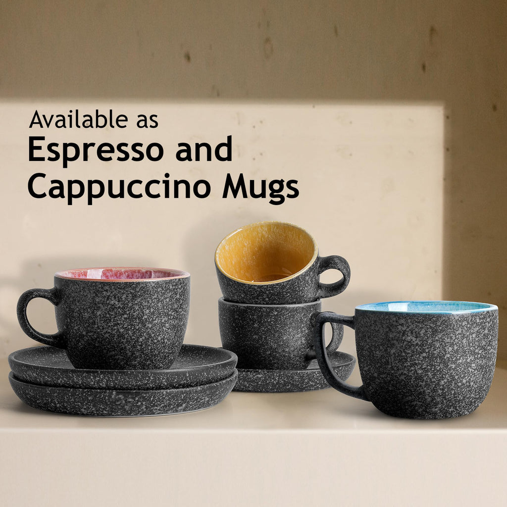 MIAMIO – 80 ml Ceramic Stackable Espresso Cups with Saucers and Metal Stand, Set of 6 Espresso Cup, Demitasse Cups, Coffee Mugs for Espresso, Latte, Café Mocha & Tea – Las Palmitas Collection