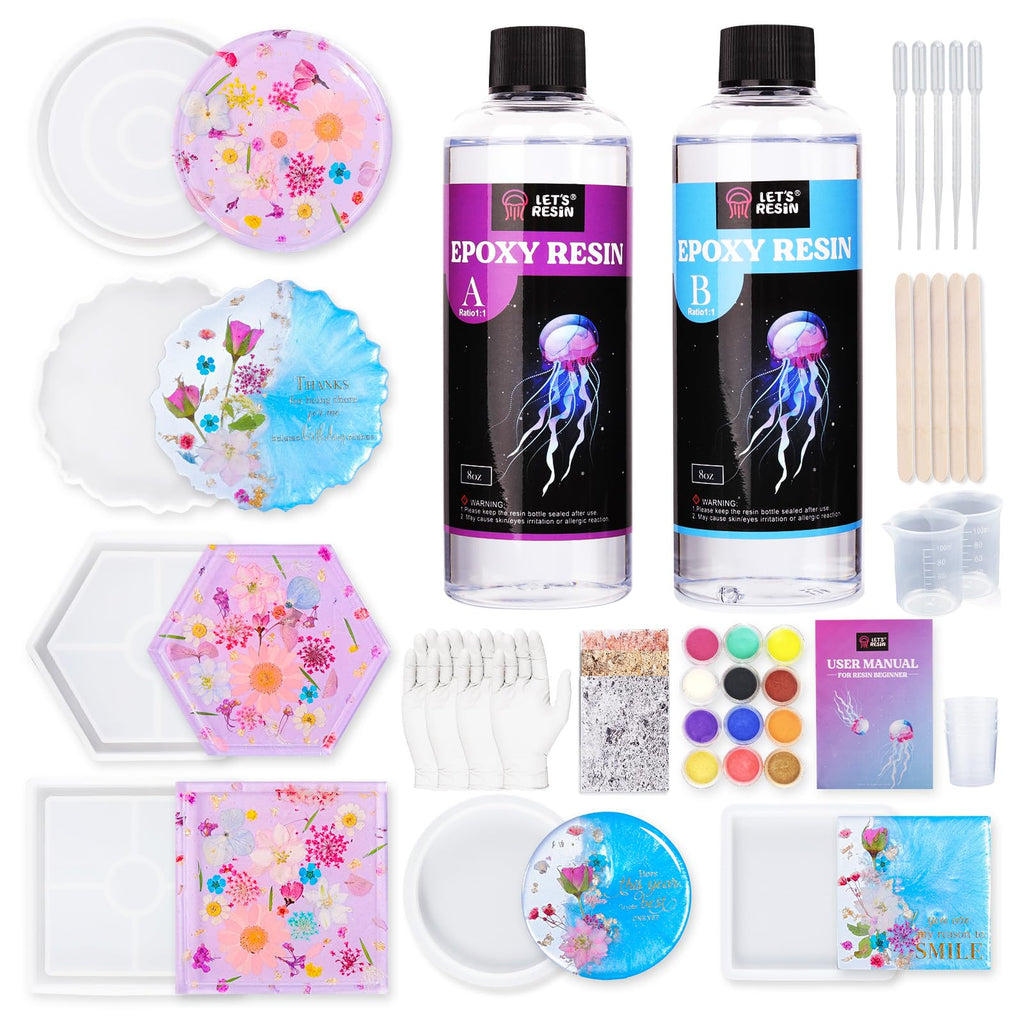 LET'S RESIN Resin Coaster Molds Kit, 16oz Epoxy Starter Kit for Beginners,Include Epoxy Resin, Coaster Molds, and Mica Powder for Casting, Ideal Christmas Gift Set