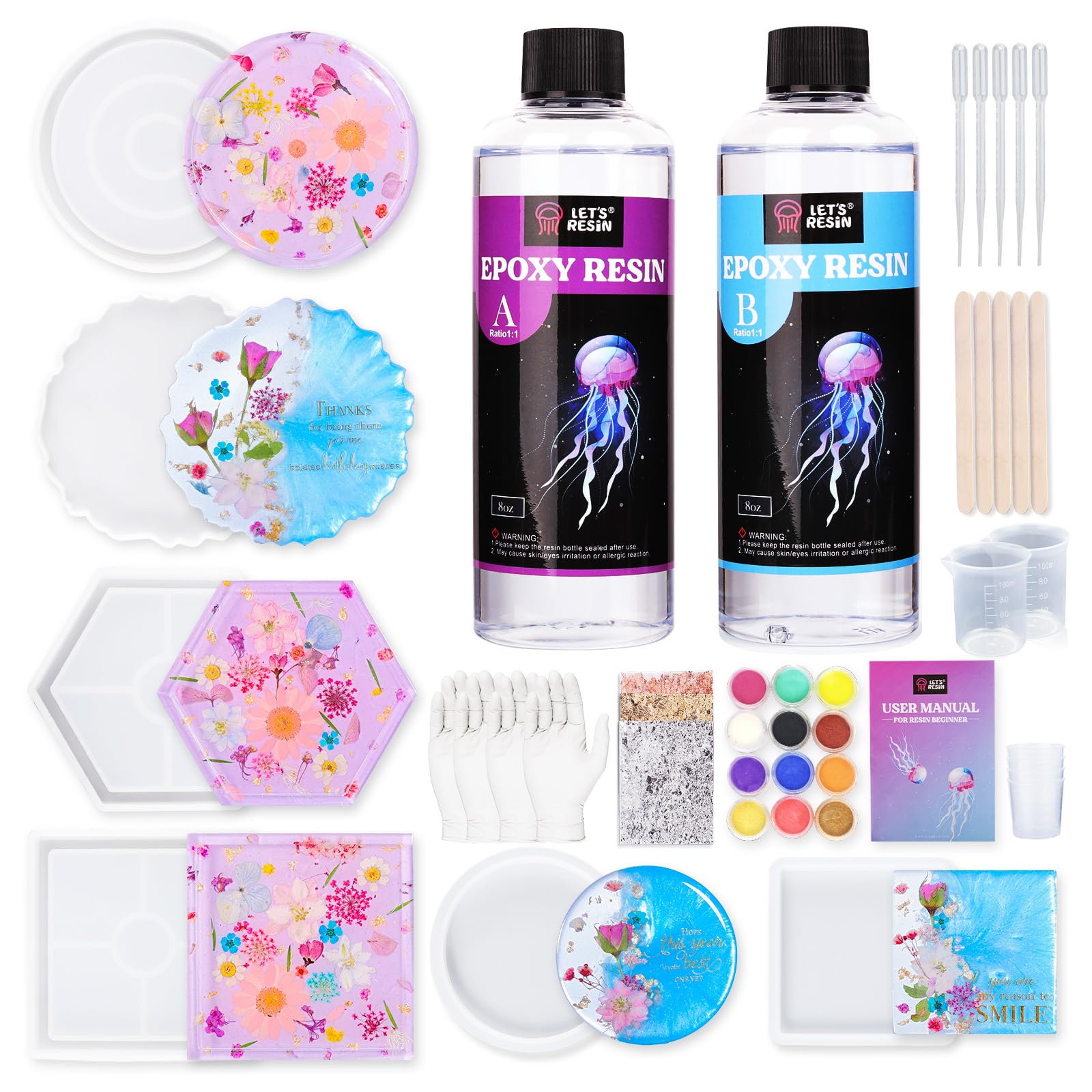 LET'S RESIN Resin Coaster Molds Kit, 16oz Epoxy Starter Kit for Beginners,Include Epoxy Resin, Coaster Molds, and Mica Powder for Casting, Ideal Christmas Gift Set