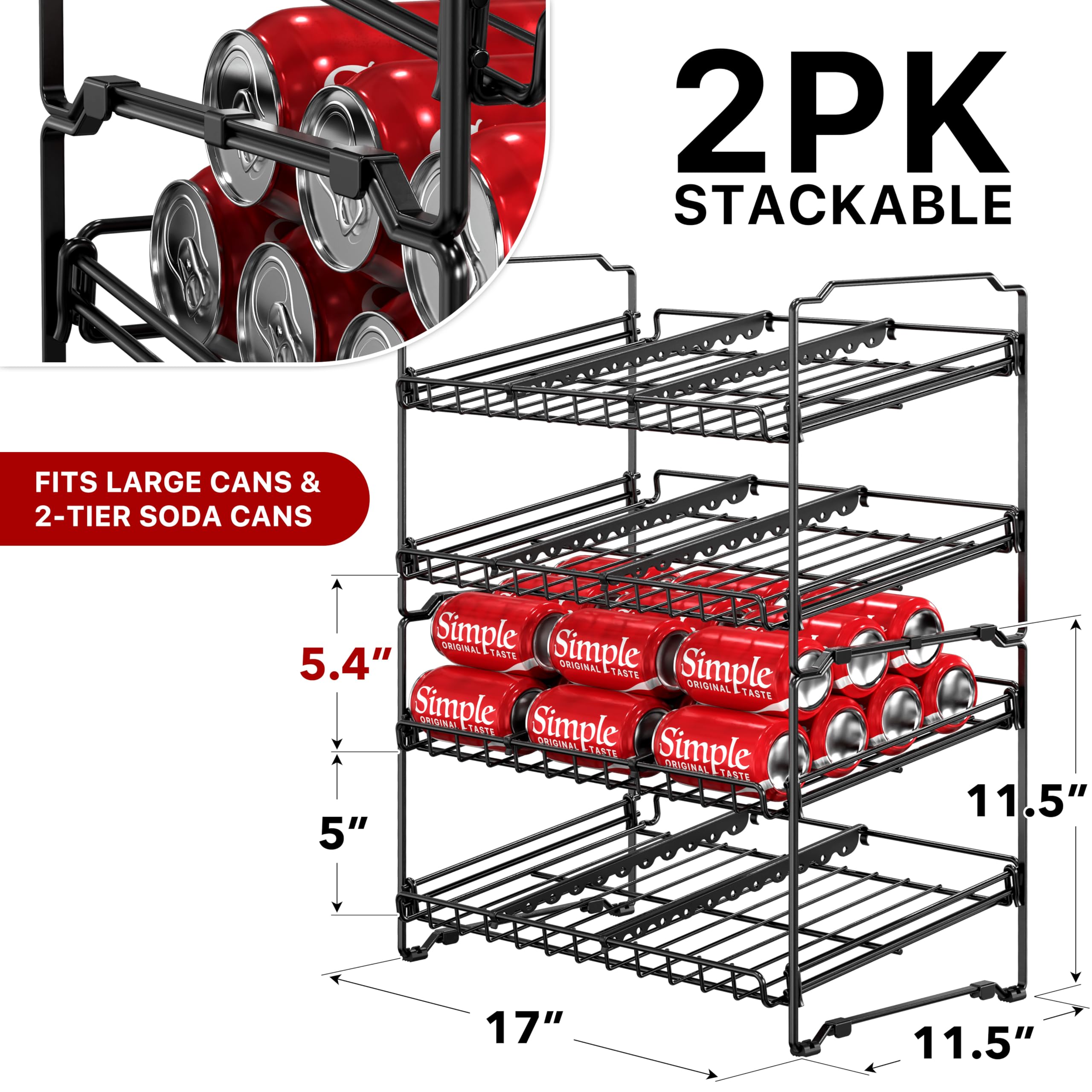 Simple Houseware 2 Tier Stackable Can Rack Organizer for Pantry Storage, 2 Pack, Black