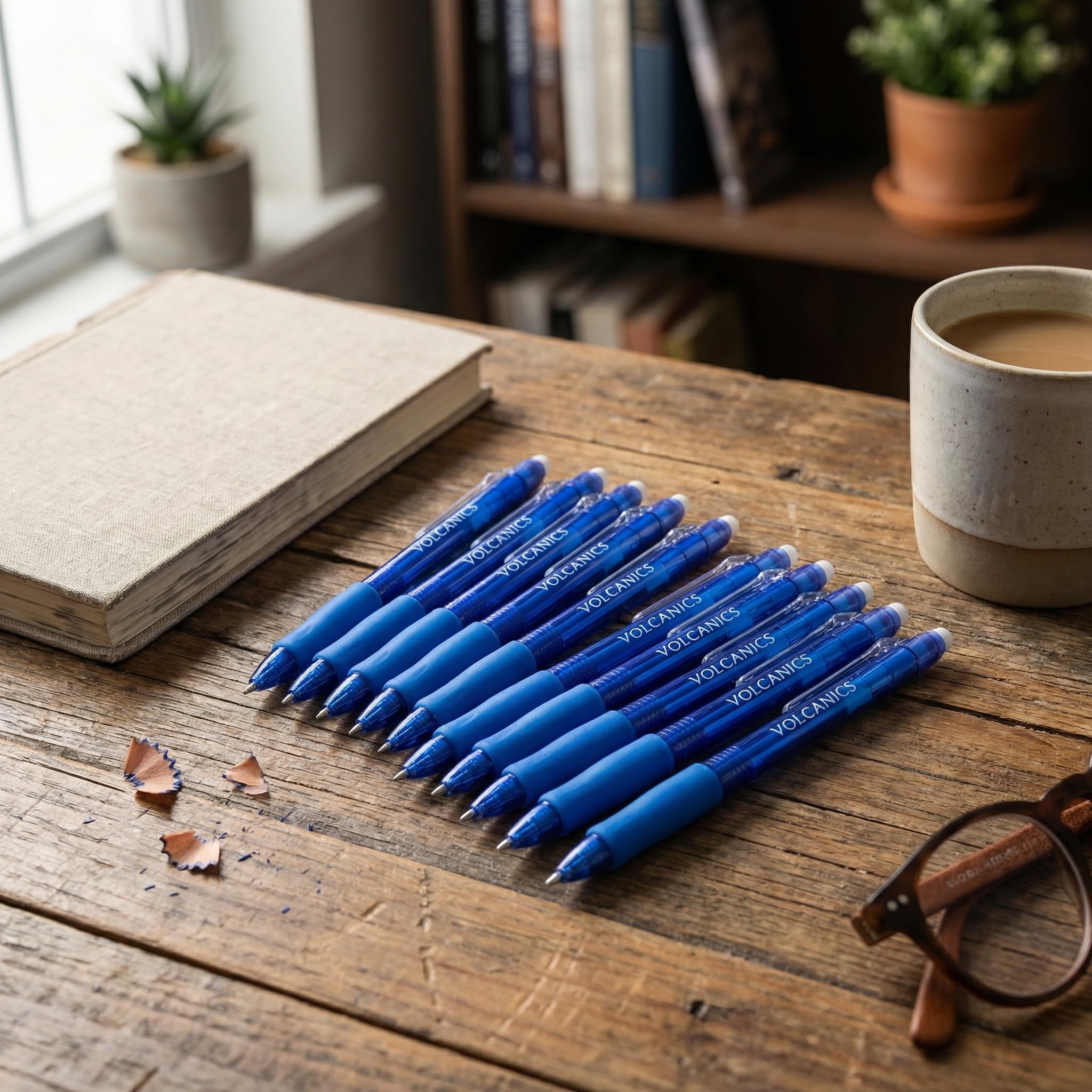Volcanics Retractable Clicker Erasable Gel Pens - 0.7mm Ball Point, Heat Erase with Built-in Eraser, 36 Pack Blue