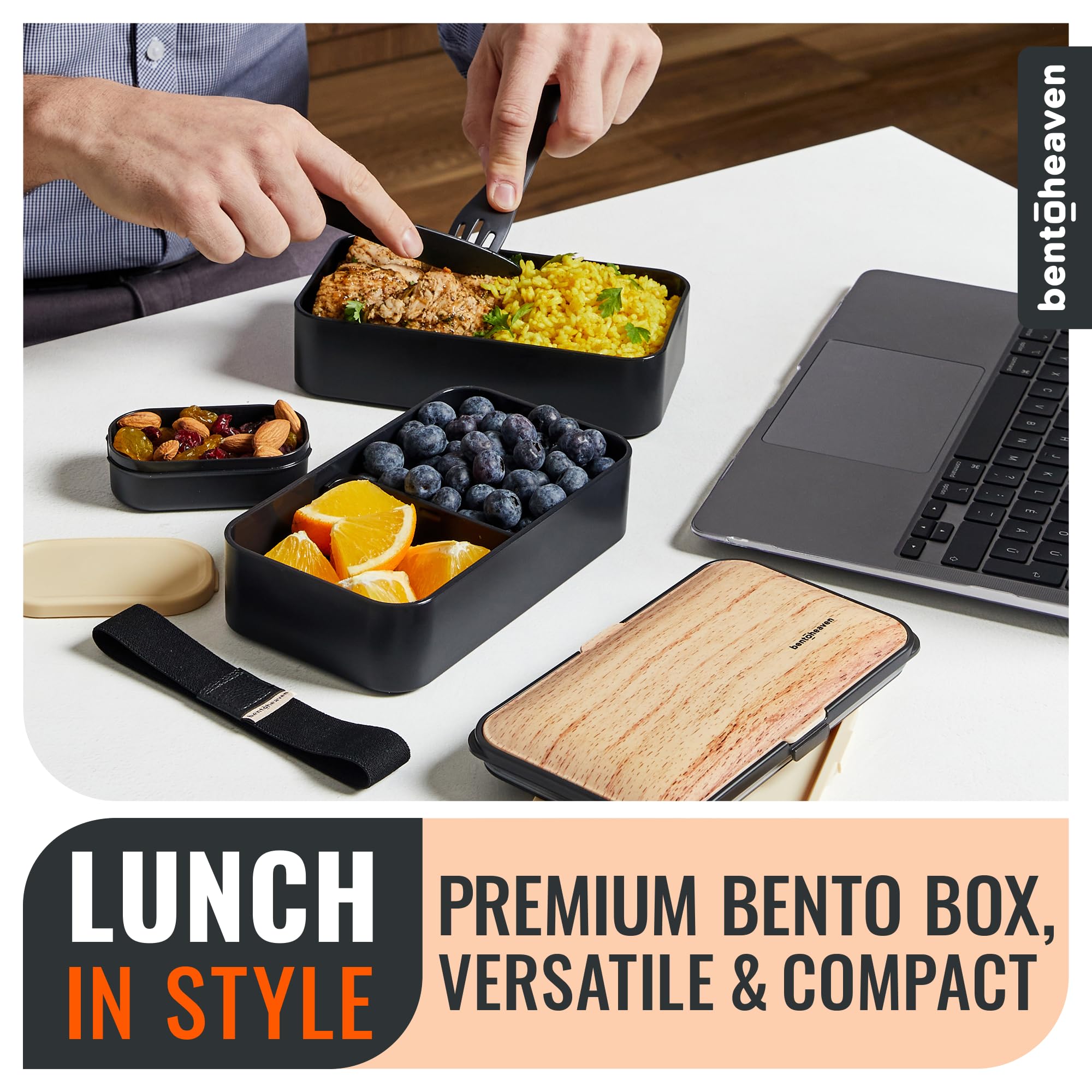 Bentoheaven Premium Bento Box Adult Lunch Box with 2 Compartments (40oz), Cutlery & Set of Chopsticks, Large Dip Container, Cute Black Japanese Bento Box, Rectangle, Microwavable (Symph-Onyx)