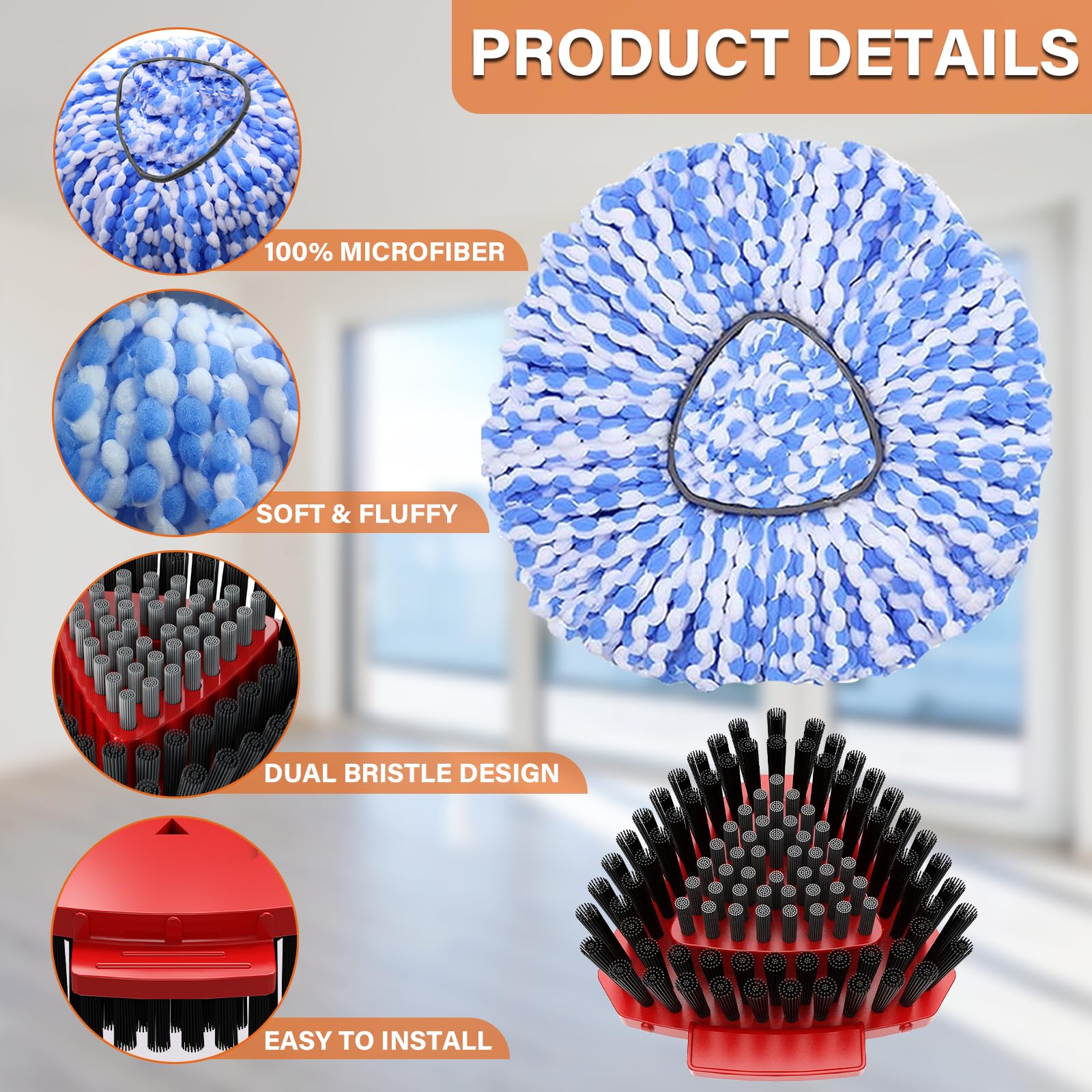 Fatmass Spin Mop Head Replacement for Vileda RinseClean 2-Tank System,2 Mop Replace Heads + 1 Upgrade Scrubber Brush, 100% Microfiber Mop Refills Deep Cleaning Machine Washable