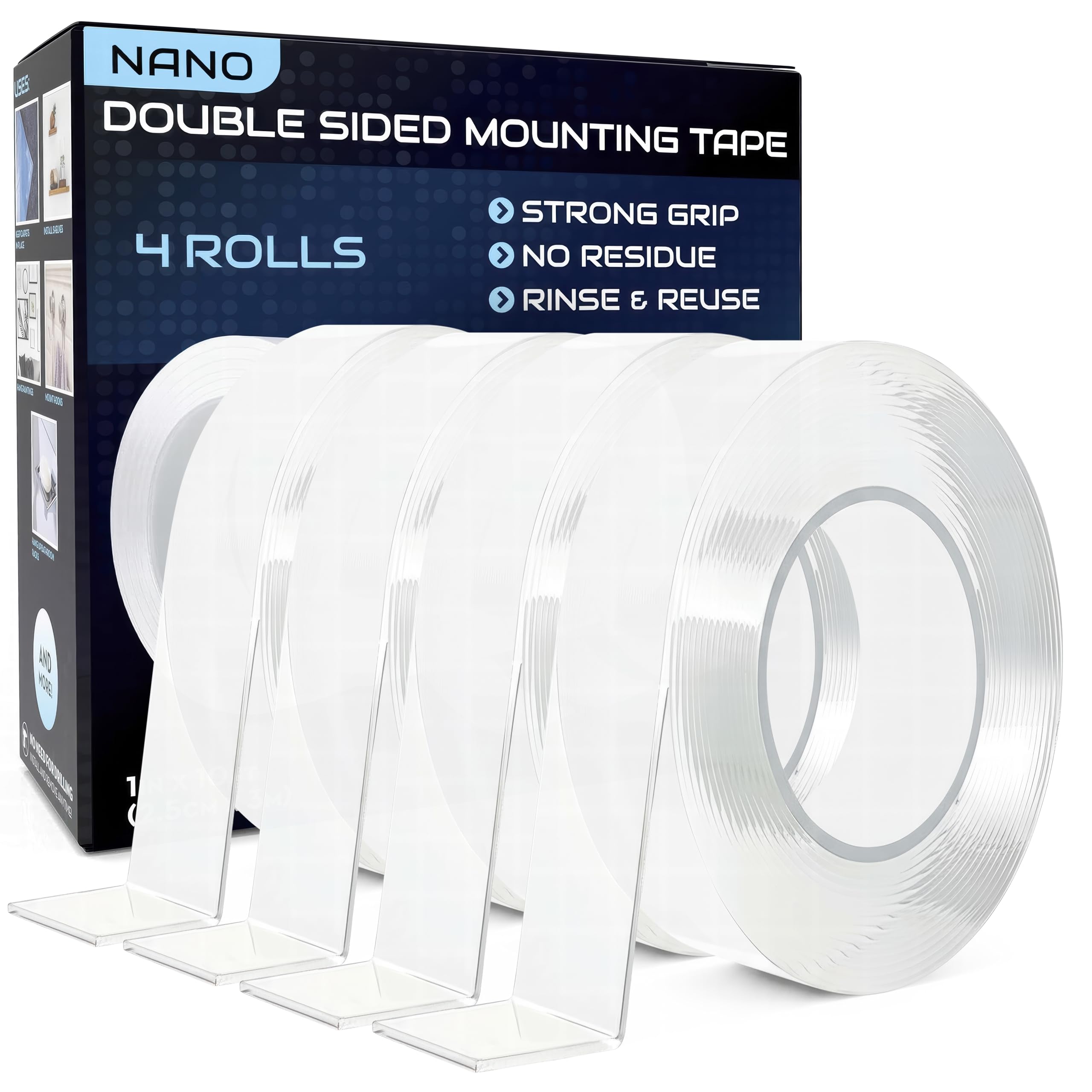Lockport Double Sided Tape Heavy Duty – 4 Pack - 1 inch x 10 Ft,Nano Double Sided Adhesive Mounting Tape,Washable Clear Gel Wall Sticky Strips, Traceless for Wood, Tile, Plastic,Metal Surfaces