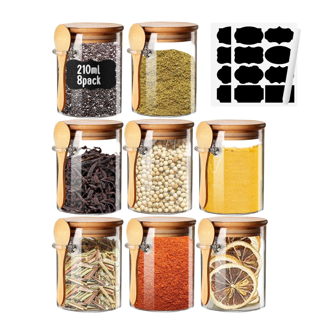 Spice Jars with Label 7oz Glass Storage Containers with Lids and Spoon Small Glass Jars for Overnight Oats Cereal Containers Storage Meal Prep Jars for Sugar Yogurt Chia Pudding Salt Candy 8pcs