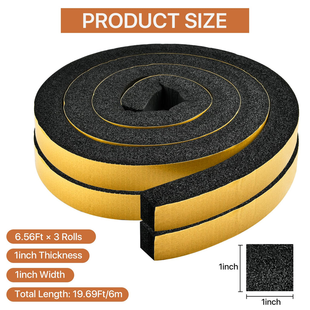 Supkiir 3 Rolls Weather Stripping Foam Tape, 20 Feet Self Adhesive Weather Stripping Door Seal Strip, High Density Foam Sealing Strip for Door Window Insulation Soundproof (1”W x 1”T)