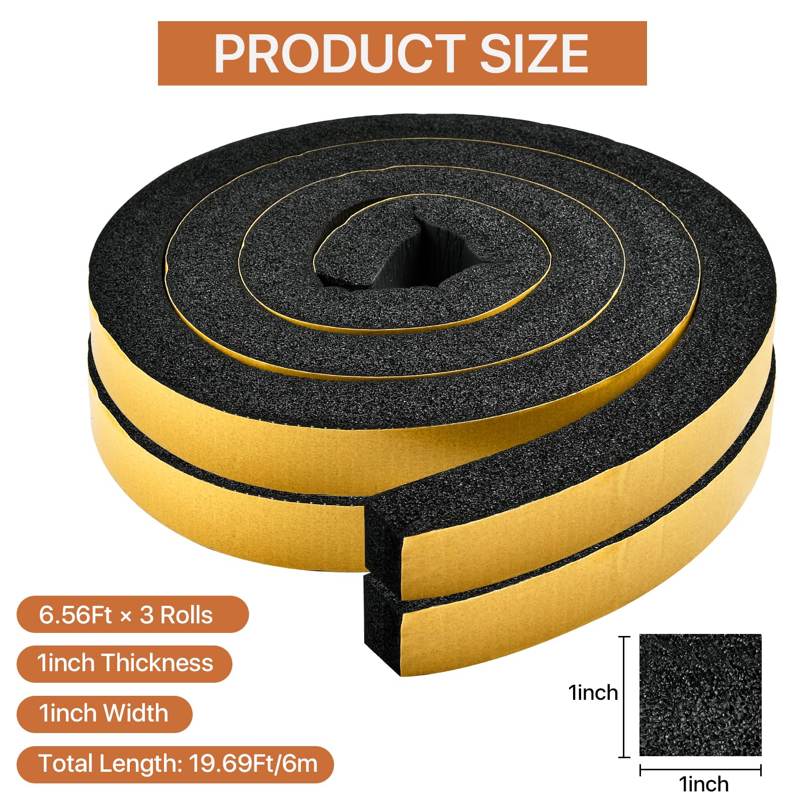 Supkiir 3 Rolls Weather Stripping Foam Tape, 20 Feet Self Adhesive Weather Stripping Door Seal Strip, High Density Foam Sealing Strip for Door Window Insulation Soundproof (1”W x 1”T)