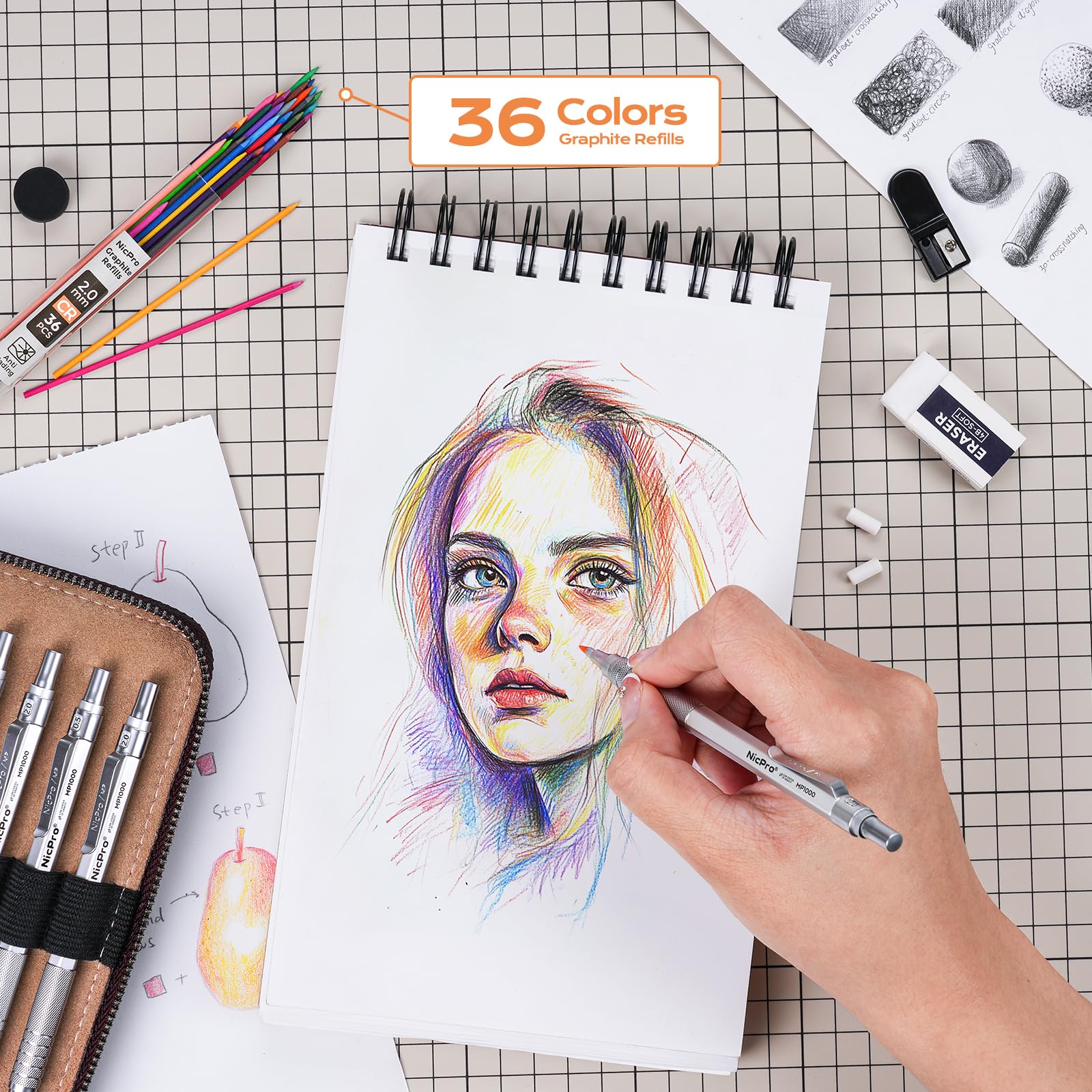 Nicpro 20PCS Metal Mechanical Pencil Set in Leather Case, 0.3, 0.5, 0.7, 0.9 mm & 2mm Lead Pencil Holders, 9 Tube (4B 2B HB 2H) Lead Refills(Black & Colors), Erasers For Art Drafting Sketching Drawing