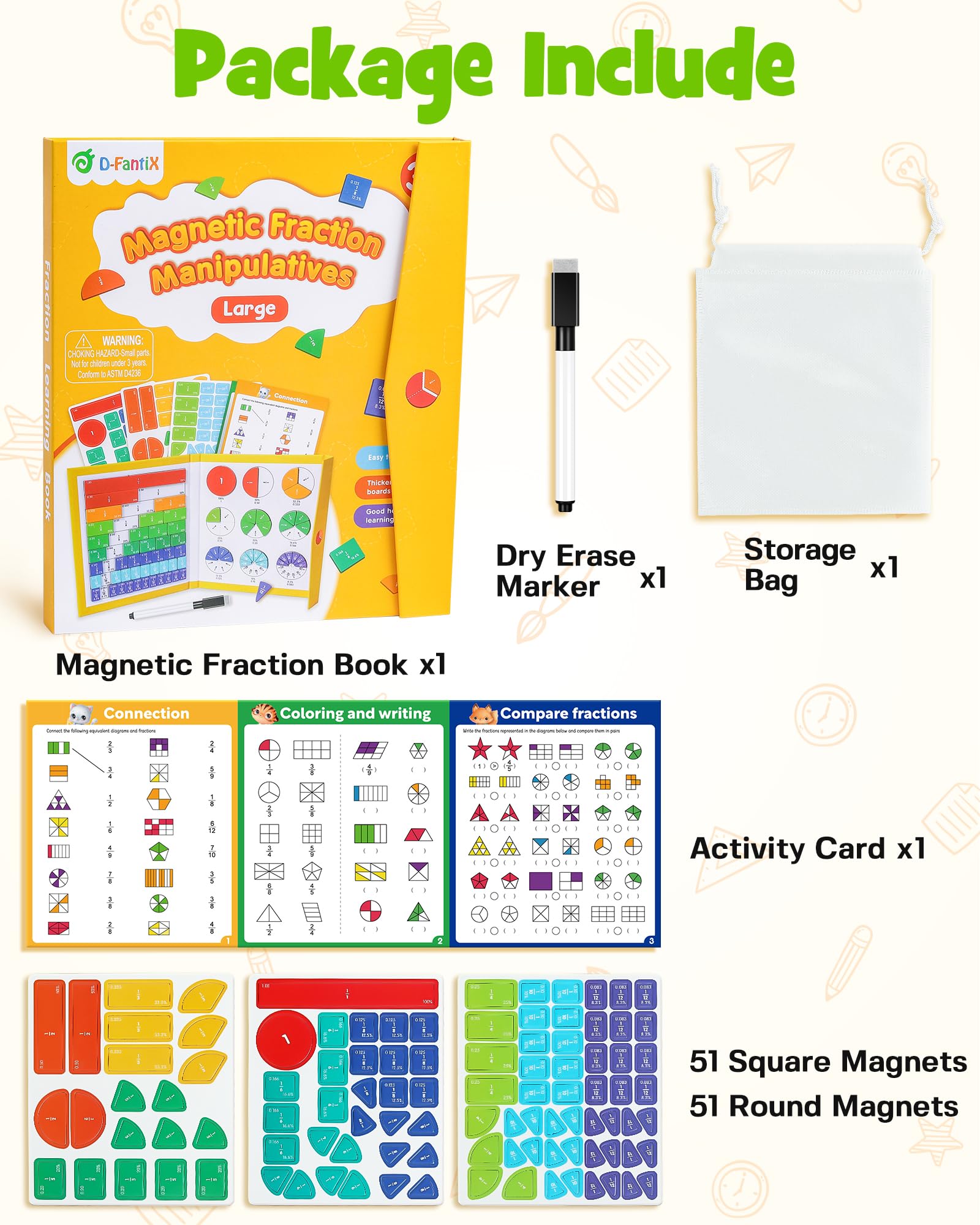 D-FantiX Large Magnetic Fraction Demonstration Book, Magnetic Fraction Tiles & Fraction Circles Set, Montessori Fraction Manipulatives Learning Tools for Elementary School Kids Students