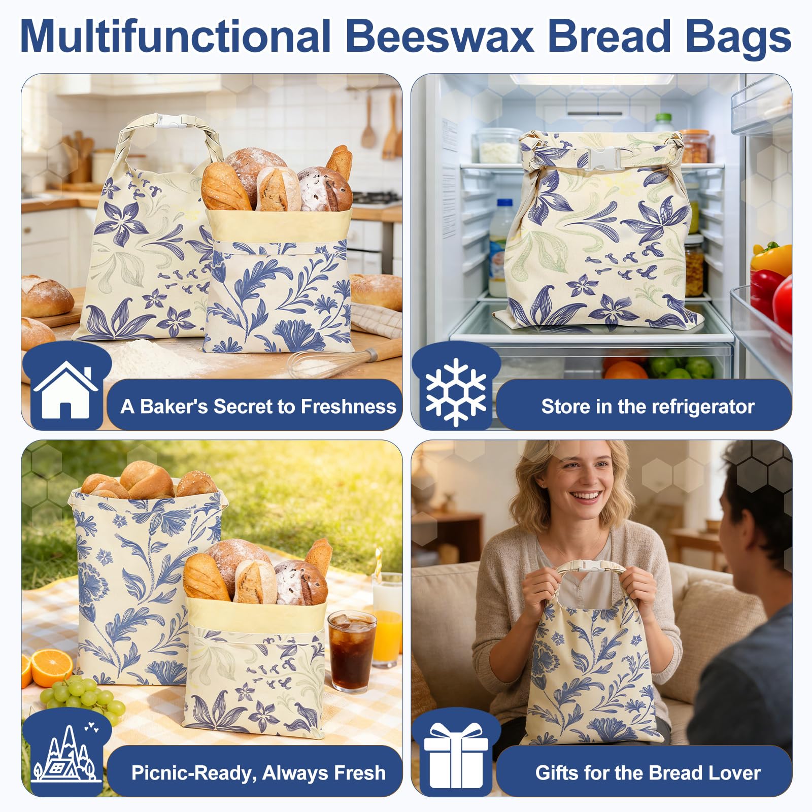 Yoikun Beeswax Bread Bags, 2 Pack Reusable Bread Bag Large – Natural Linen Cotton Food Storage Covers for Sourdough & Homemade Bread, Freezer Safe, Easy to Clean, Eco-Friendly Freshness Keeper