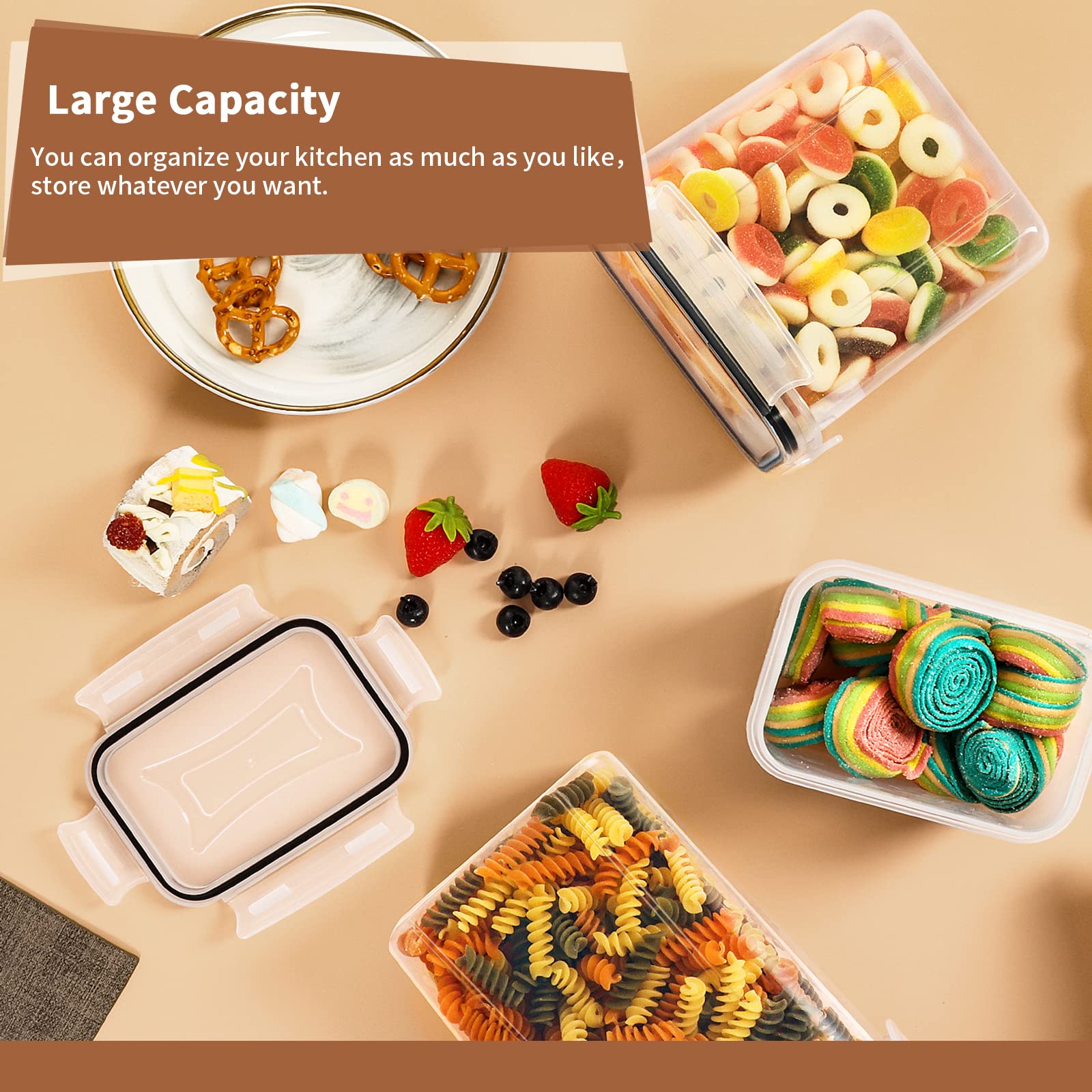 PRAKI Airtight Food Storage Container Set with Lids, 16 Pcs Plastic Dry Food Canisters for Kitchen Pantry Organizers and Storage, Ideal for Cereal, Flour & Sugar - Labels, Marker(Black)