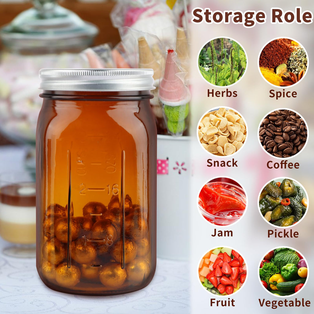 CARBLIN 4 Pack Amber Wide Mouth Canning Jars with Airtight Lids, 32 oz Glass Pint Jars for Jam Fermenting Preserving