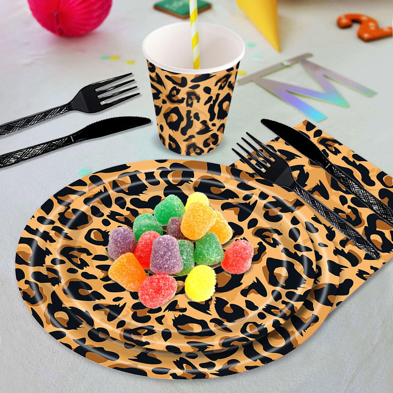 Poqirzan 144PCS Leopard Print Party Supplies Cheetah Print Party Tableware Set Paper Plates Napkins Cups Cutlery for Birthday Shower Baby Shower Jungle Safari Theme Party Decorations Serve 24