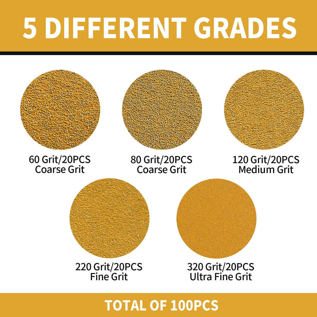 Keeimp 100 Pcs 5-Inch 8-Hole Hook and Loop Sanding Discs, 60/80/120/220/320 Assorted Grits Gold Sandpaper for Woodworking or Automotive 5 Inch Sanding Discs Gold Random Orbital Sander