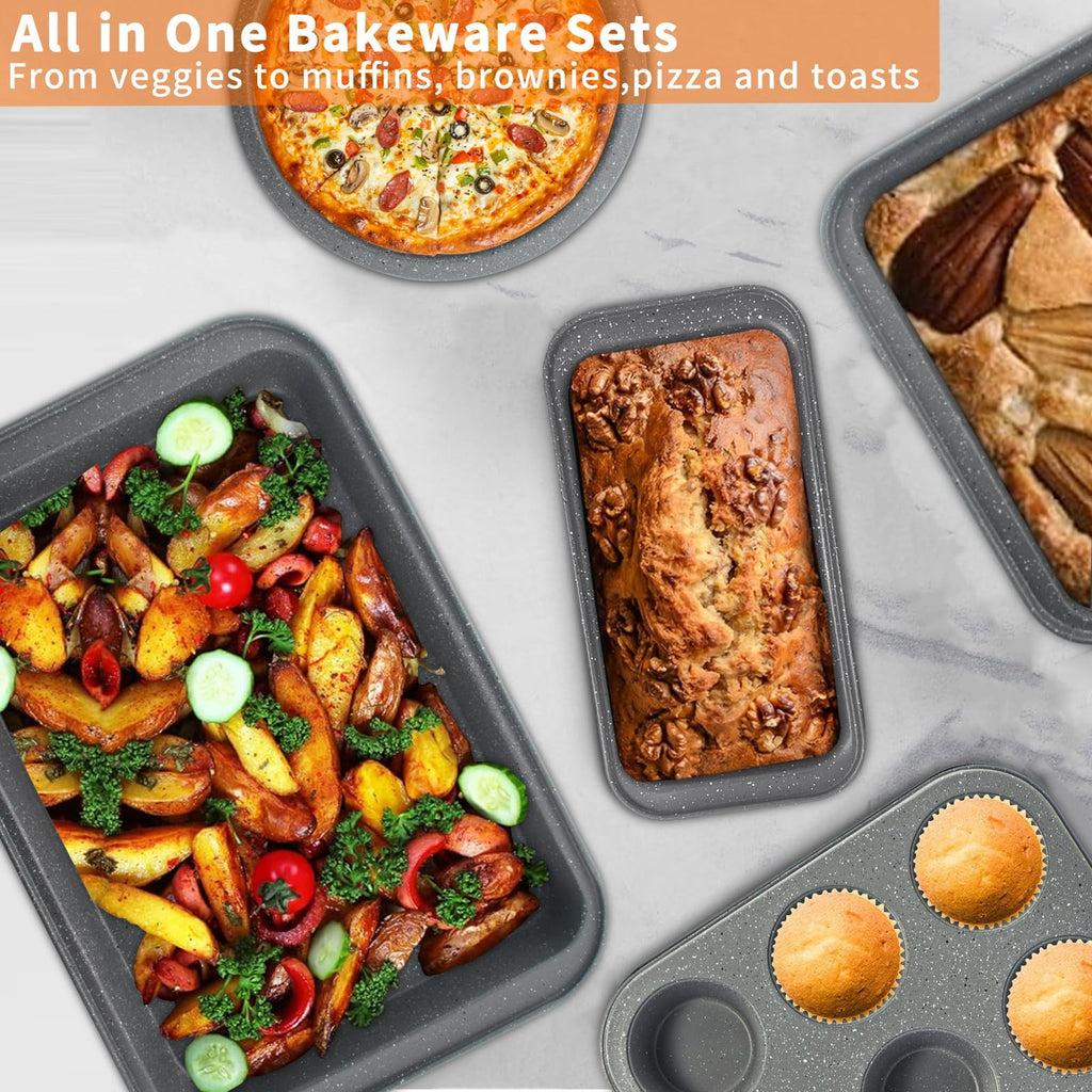 Barlket Baking Pans Set, Baking Set Nonstick with Grey Marble Coating, 5-Piece, Oven Safe, Even Heating, Stackable Bakeware Set with Carbon Steel Round/Square Cake Pan, Muffin, Bread Tin