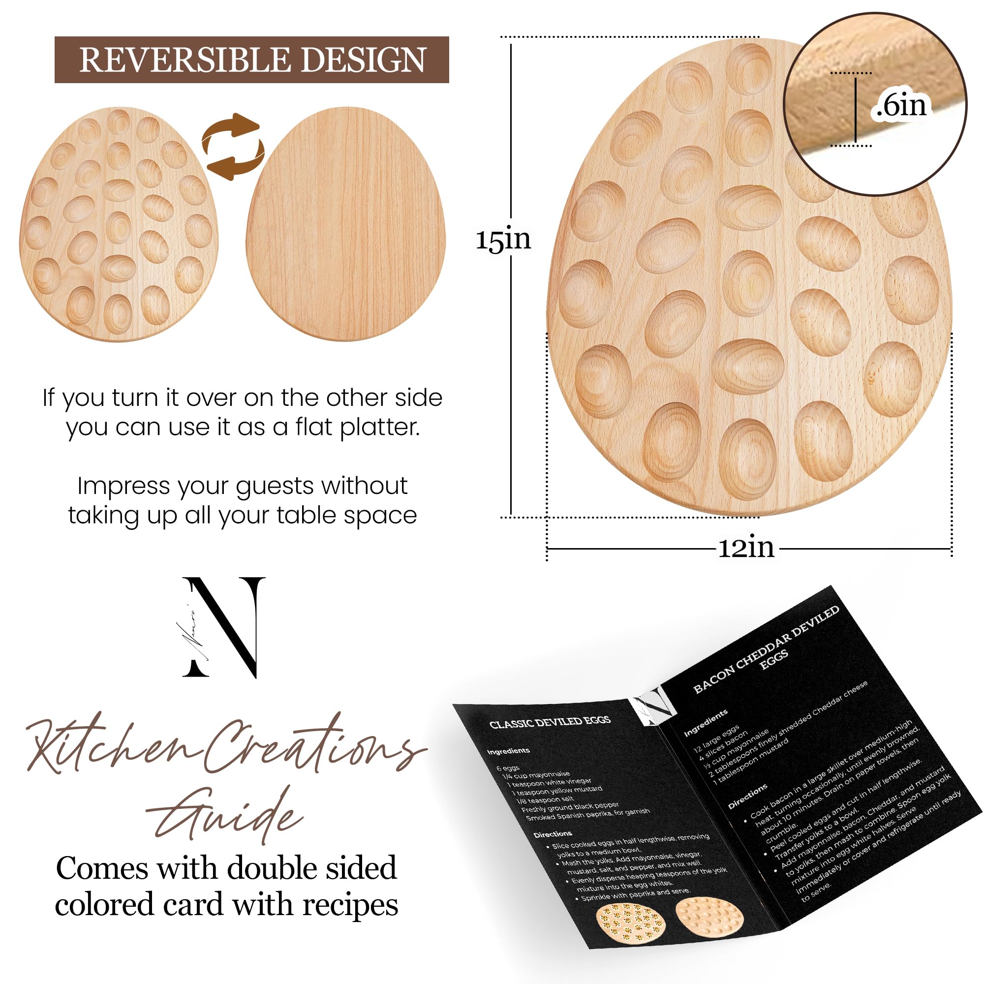 Namre' Wooden Deviled Egg Tray 24 Holes, 15 x 12in - Reversible Deviled Egg Platter & Charcuterie Board - Premium Quality Beechwood Deviled Egg Holder Ideal for Easter - Cutting Board Serving Tray
