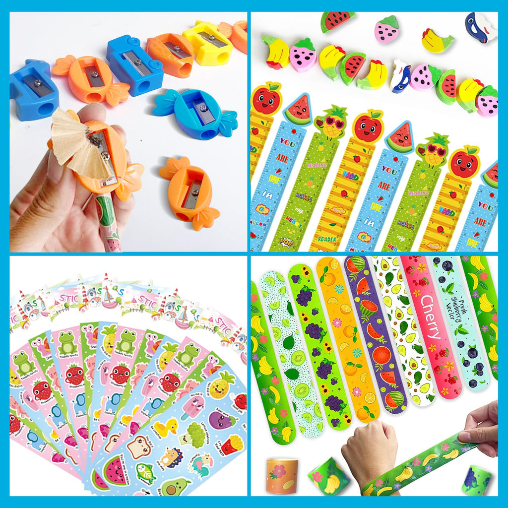 Stationery Party Packs, Birthday Goodie Bags with Stickers Rulers Pencils Erasers Sharpeners Slap Bracelets for Goodie Bags Classroom Return Gifts Class Birthday Gifts for Student (28Pack)