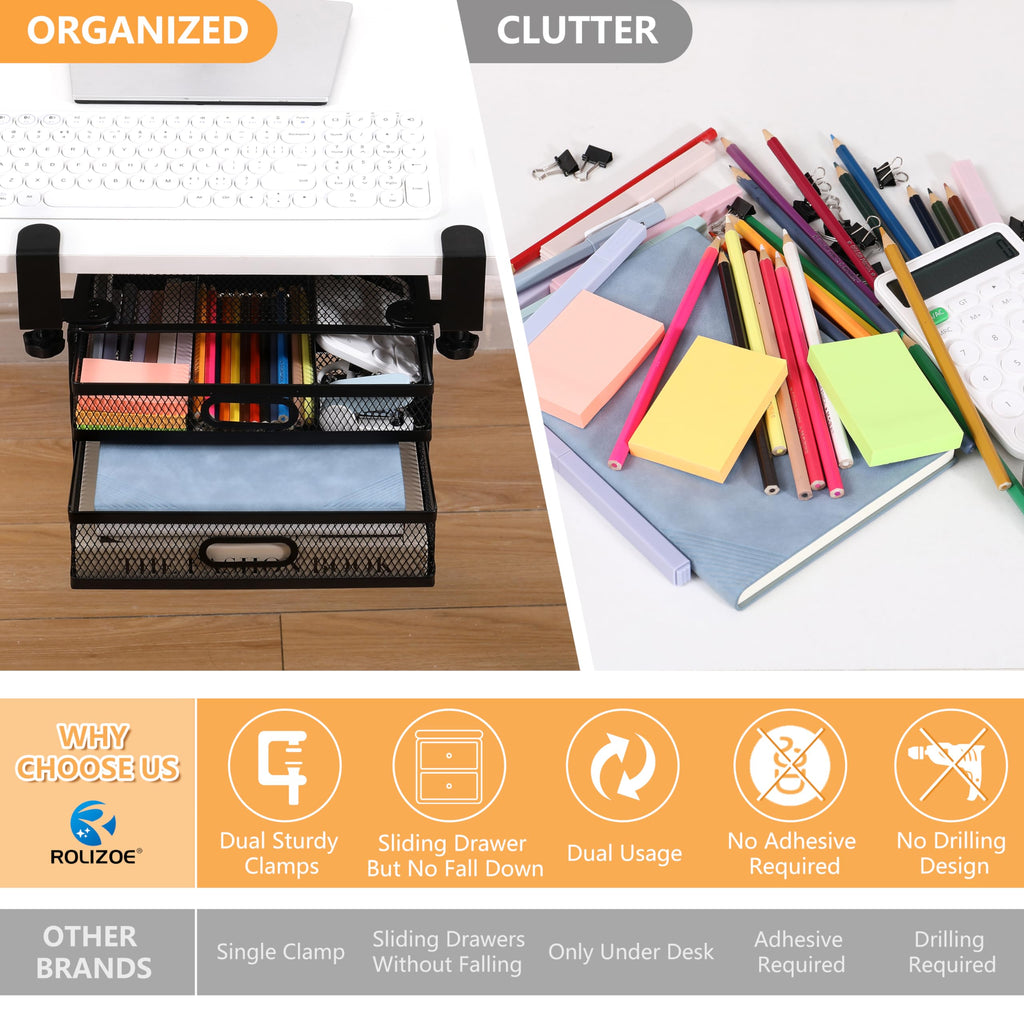 ROLIZOE Under Desk Drawer Organizer Clamp On with 2 Drawers Slide Out No Drilling Mesh Metal Drawer On Desktop Or Under Desk Storage Easy Install Anti-Slip Under Shelf Storage for Home & Office