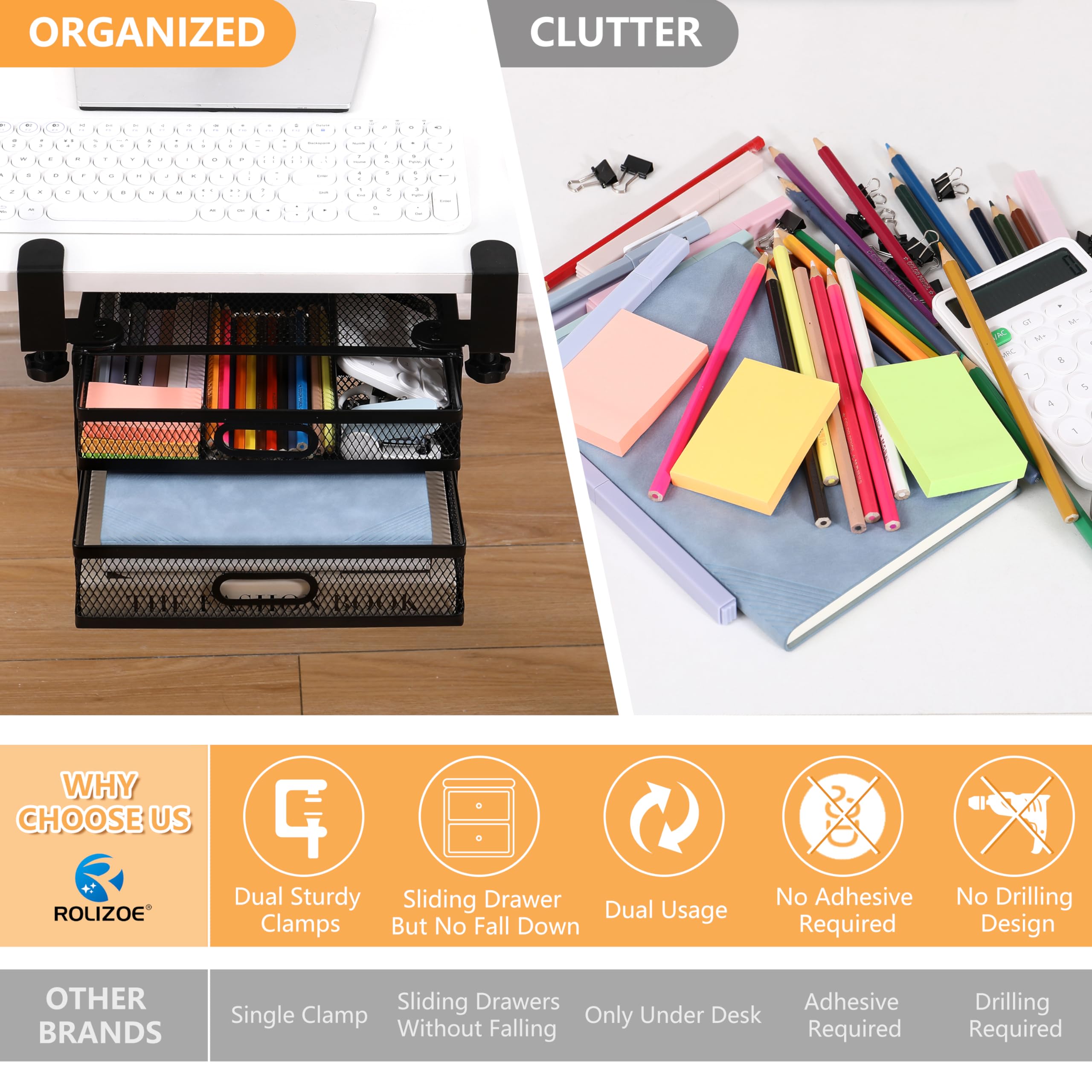 ROLIZOE Under Desk Drawer Organizer Clamp On with 2 Drawers Slide Out No Drilling Mesh Metal Drawer On Desktop Or Under Desk Storage Easy Install Anti-Slip Under Shelf Storage for Home & Office