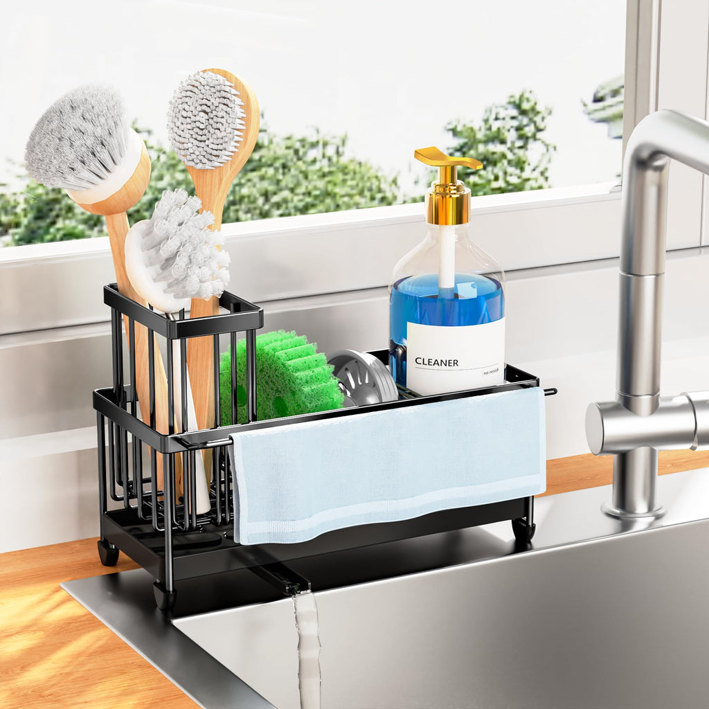 Cisily Sponge Holder for Kitchen Sink, Sink Caddy with High Brush Holder, Organzier Rustproof 304 Stainless Steel Dish Organizer Divider, Soap Dispenser Storage (Black with Towel Rack)