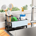 Cisily Sponge Holder for Kitchen Sink, Sink Caddy with High Brush Holder, Organzier Rustproof 304 Stainless Steel Dish Organizer Divider, Soap Dispenser Storage (Black with Towel Rack)