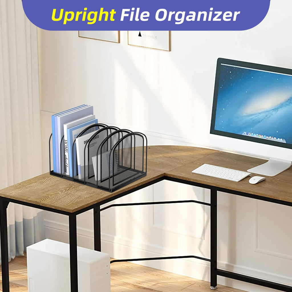 SUPEASY File Organizer for Desk, 5-Section Mesh Desk Organizer, Vertical File Folder Holder for Office Supplies, Black