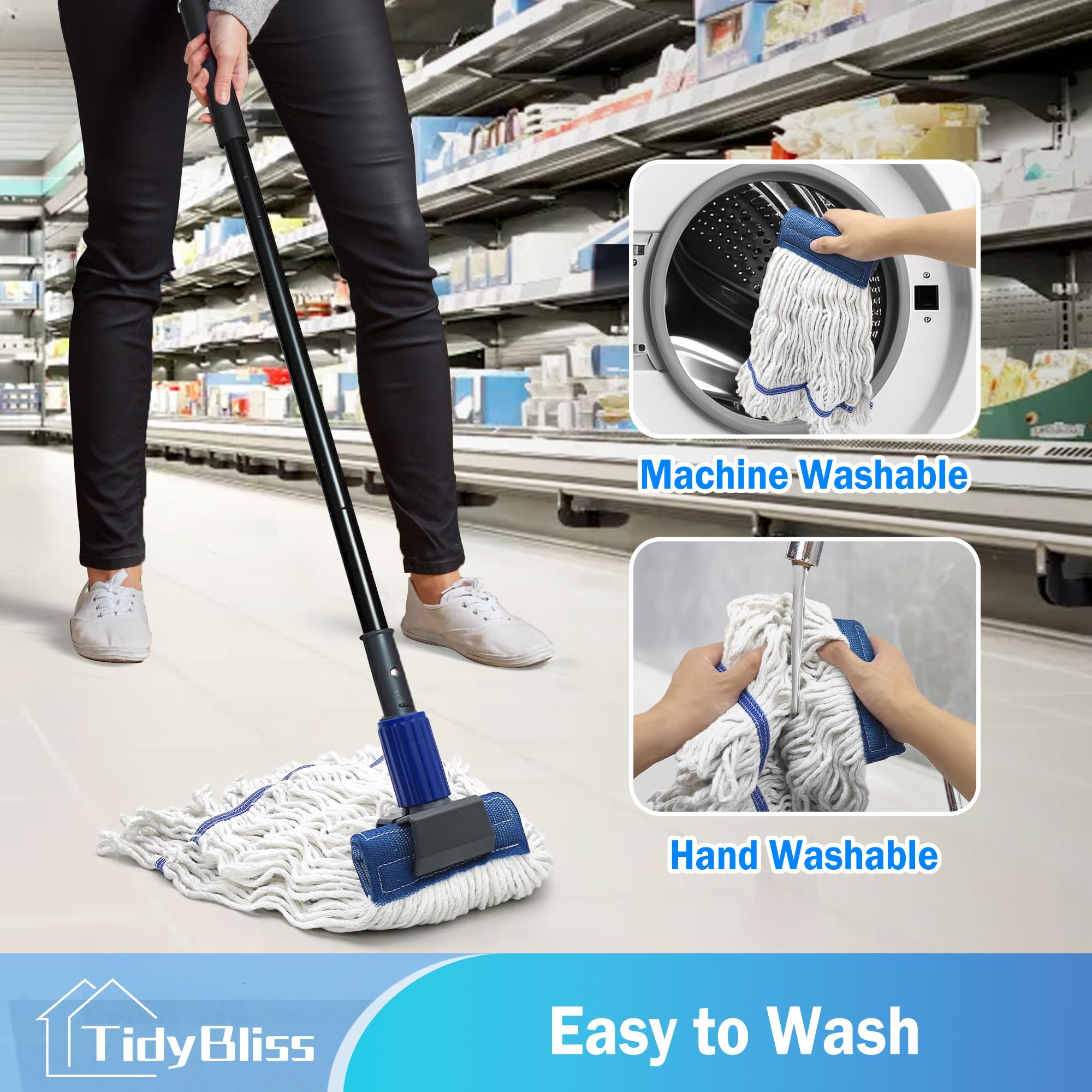 TidyBliss Commercial Mop Heavy Duty, 57.5 inches Long Handle Large Looped-End Industrial String Mop Professional Dry Wet Cotton for Cleaning Concrete Tile Hardwood Floor Shop Office Garage