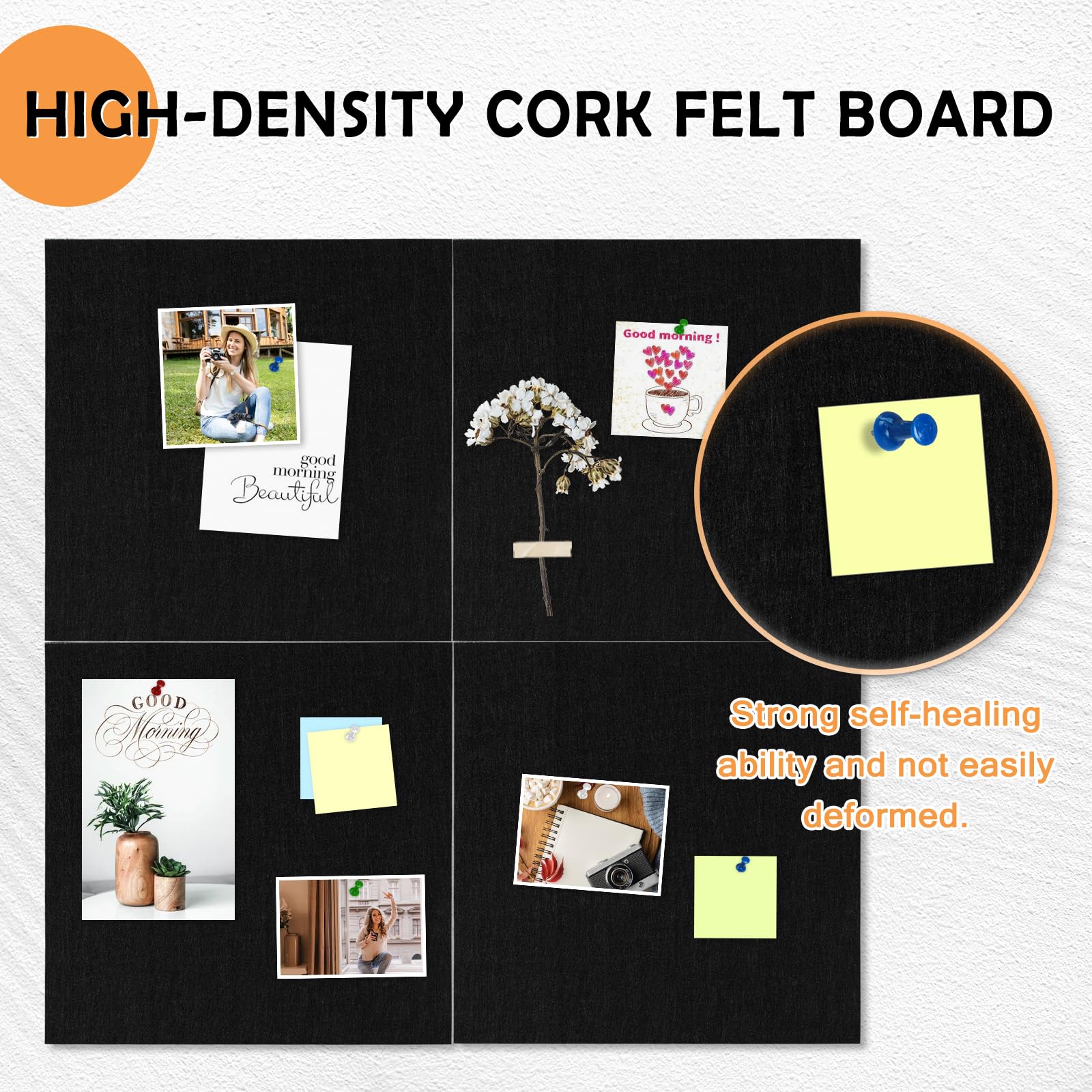 AMUSIGHT Large Cork Board Tiles, 4 Packs 12" x 12" 1/2" Thick Cork Bulletin Board Felt Board Self Adhesive Cork Boards for Walls Home Office Kitchen School, 40 Push pins, Black