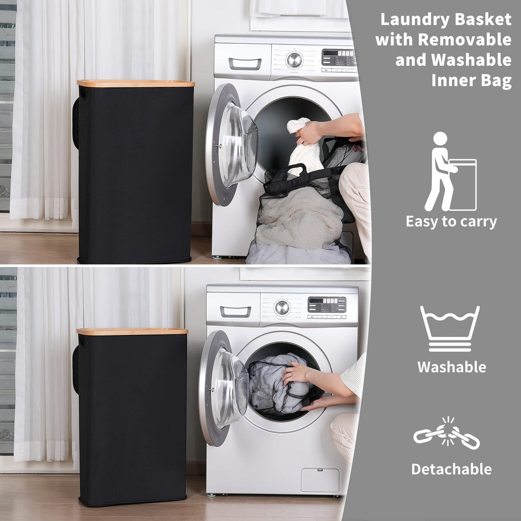 iEGrow 60L Slim Laundry Hamper with Lid Hampers for Laundry,Narrow Laundry Basket with Removable Inner Bag & Bamboo Handles Tall Thin Clothes Hamper for Clothes Toys Towels Organization（Black）
