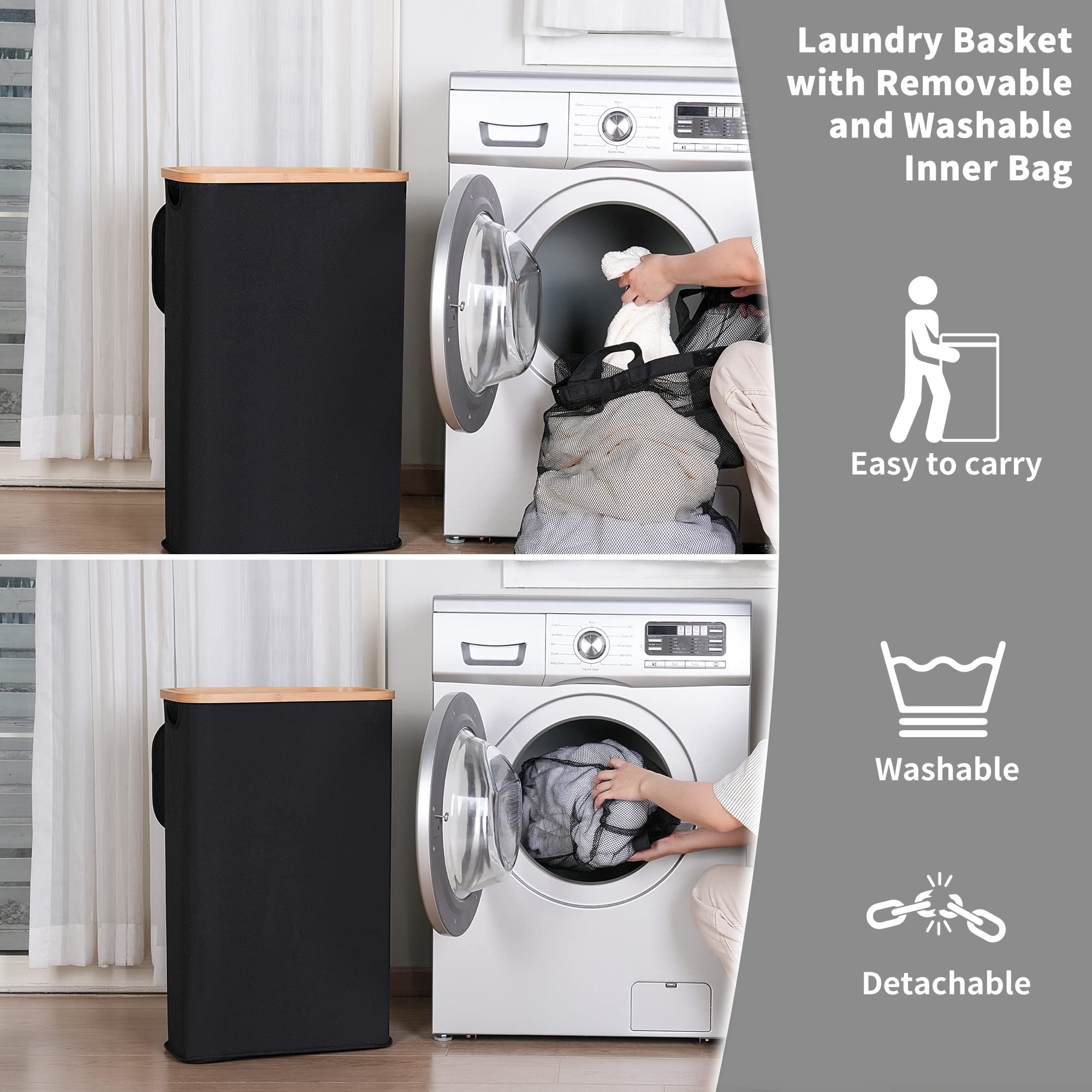 iEGrow 60L Slim Laundry Hamper with Lid Hampers for Laundry,Narrow Laundry Basket with Removable Inner Bag & Bamboo Handles Tall Thin Clothes Hamper for Clothes Toys Towels Organization（Black）