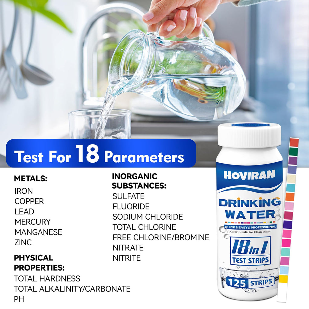 18 in 1 Drinking Water Test Kit,125 Strips Water Chemical Testing for Home Tap and Well Water, Accurate Testing for Chlorine,Nitrate, Lead, Hardness, Fluoride, Iron, Copper, pH & More