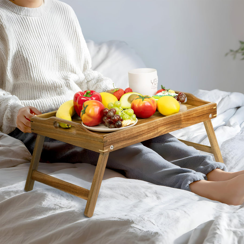 Utoplike Acacia Bed Table Tray for Food Serving, Breakfast Trays for Eating in Bed, Wooden Foldable Serving Table for Sofa