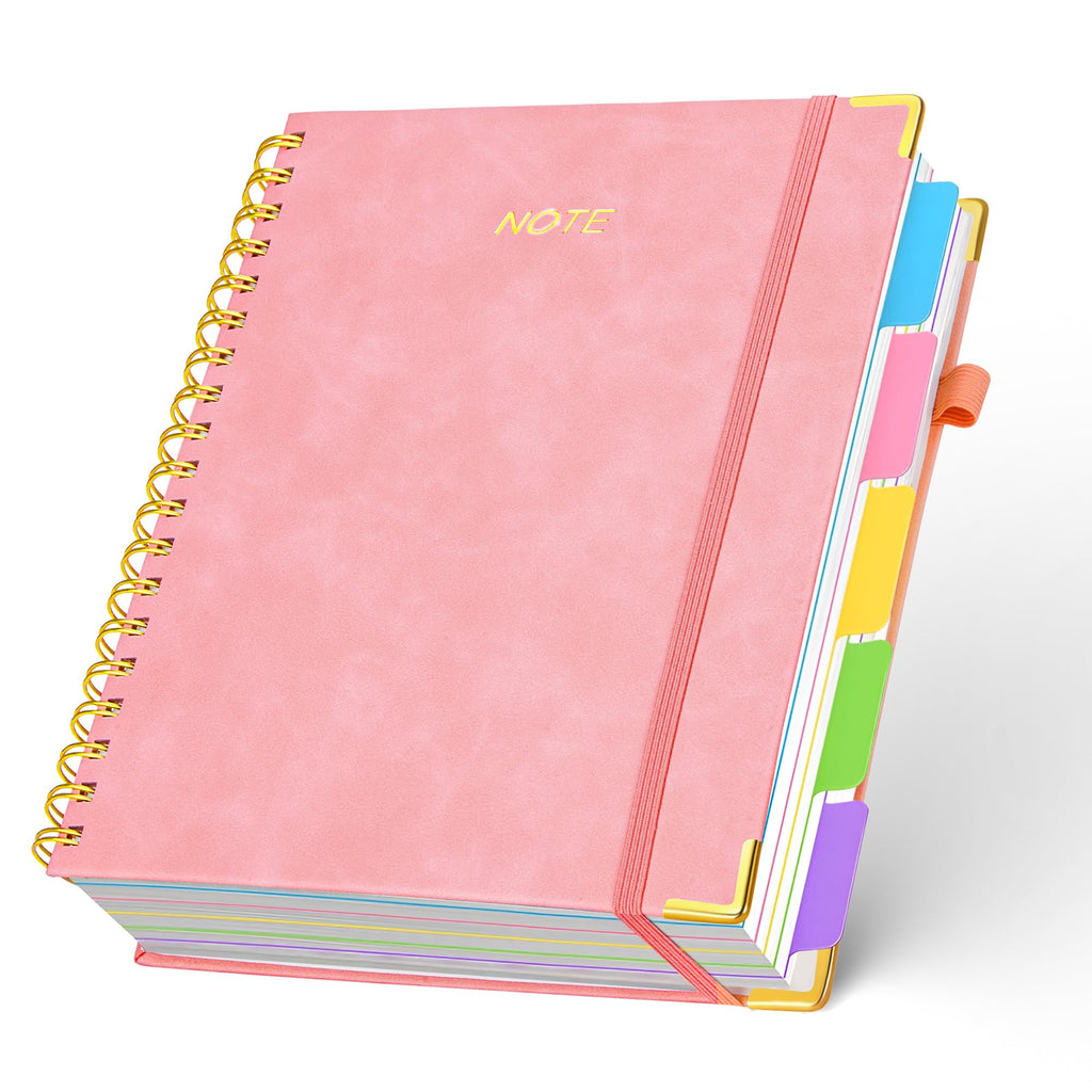 5 Subject Notebook with Removable Dividers Tabs, 300 Pages Leather Hardcover Spiral Notebook College Ruled, 8"x10" Large B5 Notebooks for Work School, Lined Journal for Women, Pink