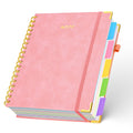 5 Subject Notebook with Removable Dividers Tabs, 300 Pages Leather Hardcover Spiral Notebook College Ruled, 8"x10" Large B5 Notebooks for Work School, Lined Journal for Women, Pink