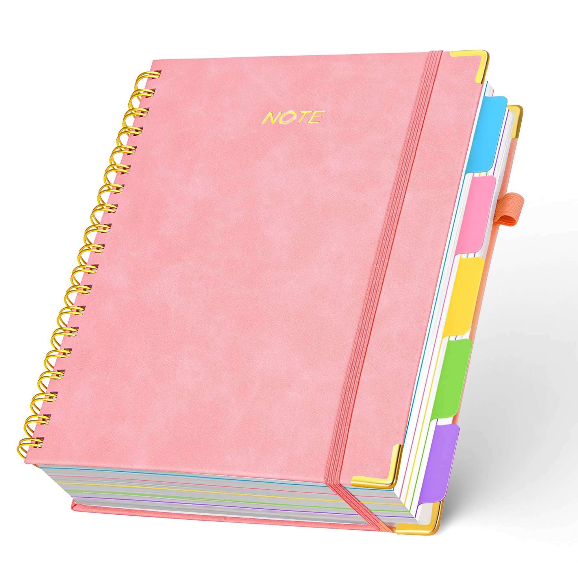 5 Subject Notebook with Removable Dividers Tabs, 300 Pages Leather Hardcover Spiral Notebook College Ruled, 8"x10" Large B5 Notebooks for Work School, Lined Journal for Women, Pink