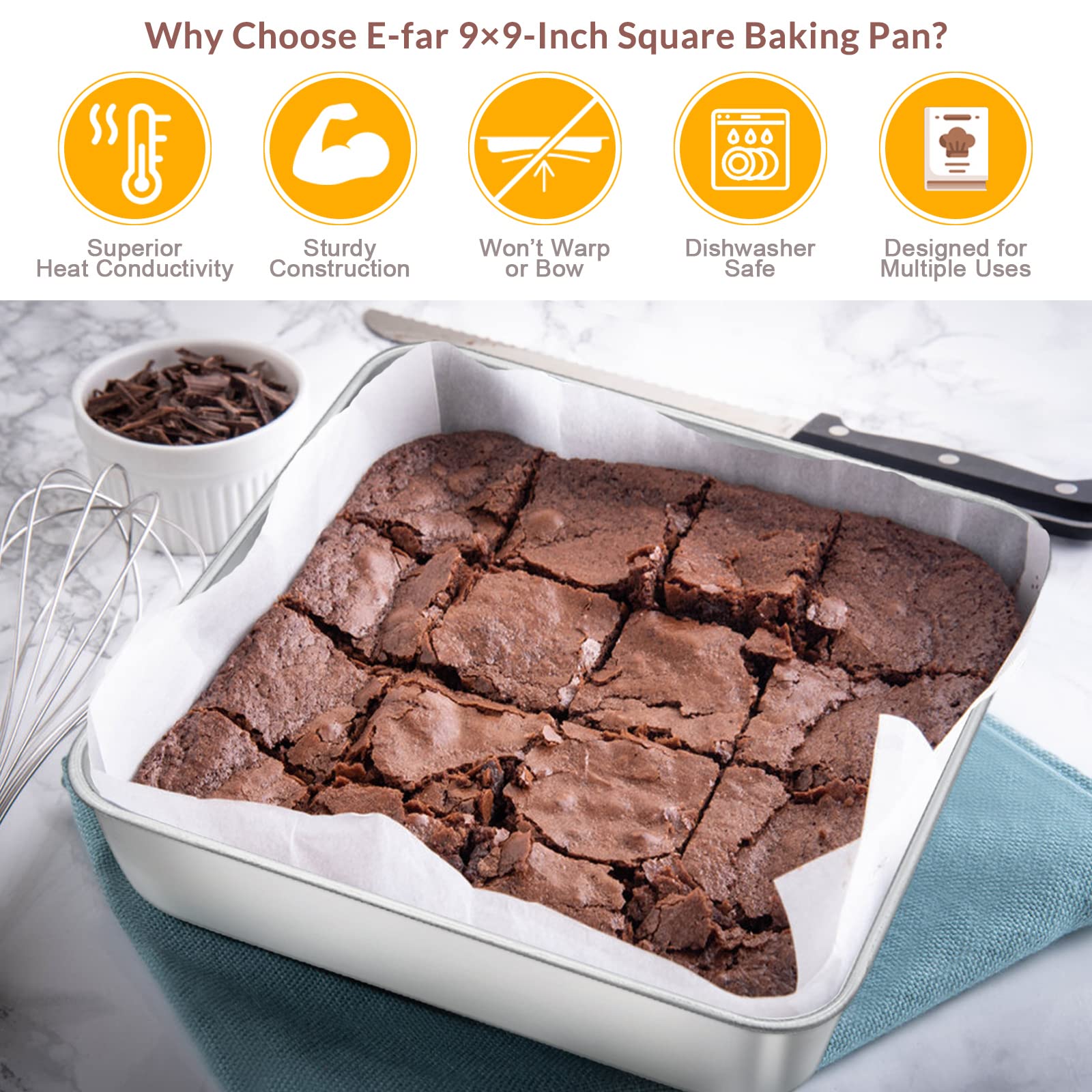9 x 9-Inch Baking Pan, E-far Square Cake Brownie Baking Pans Stainless Steel Bakeware Set of 2, Fits in Small Toaster Oven, Non-Toxic & Dishwasher Safe