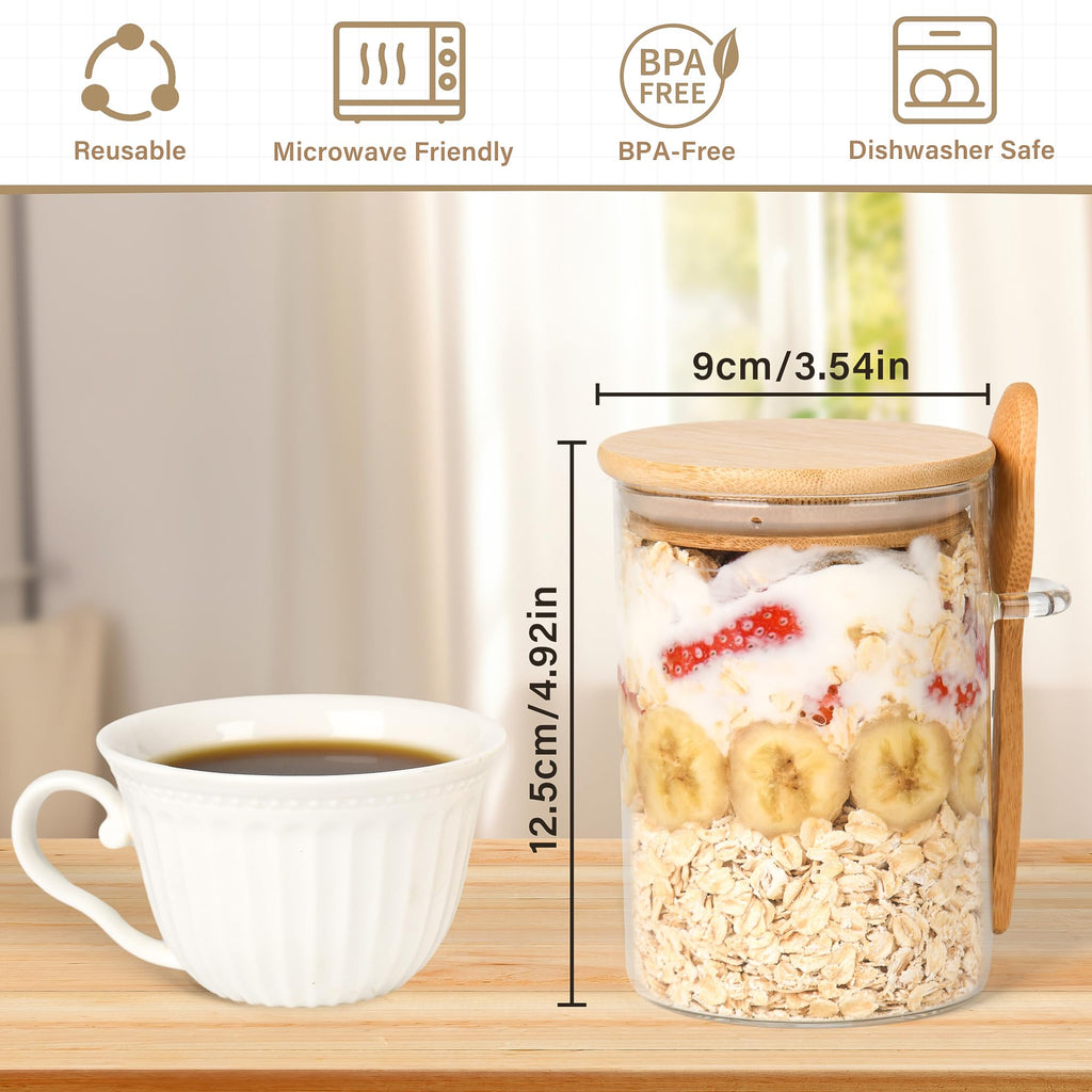 Overnight Oats Jars with Spoons-4 Pack 18oz Overnight Oats Containers with Lids-Glass Jar with Bamboo Lids for Chia Seed Pudding Salad Cereal Coffee Flour-Sourdough Starter Jar for Bread (4)