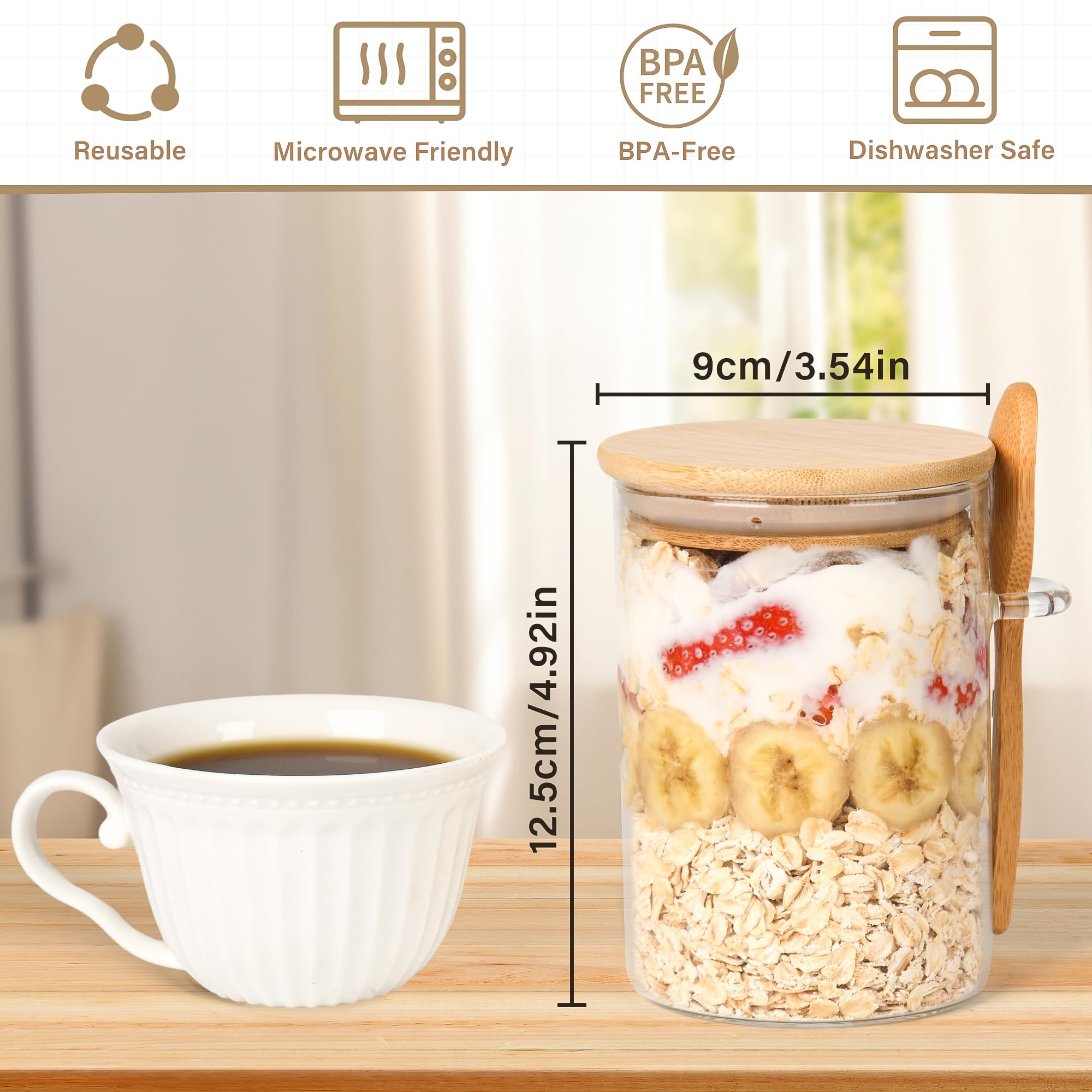 Overnight Oats Jars with Spoons-4 Pack 18oz Overnight Oats Containers with Lids-Glass Jar with Bamboo Lids for Chia Seed Pudding Salad Cereal Coffee Flour-Sourdough Starter Jar for Bread (4)