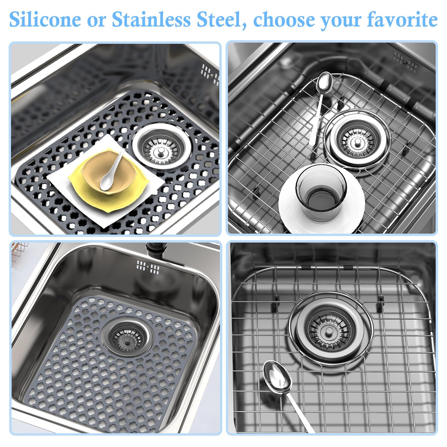 BEHOK 2 Pack Silicone Sink Protector for Kitchen Sink Bathroom Sink 13.58"x 11.6" Sink Mat, Non-Slip and Durable Silicone Sink Grid, Rear Drain (Gray)
