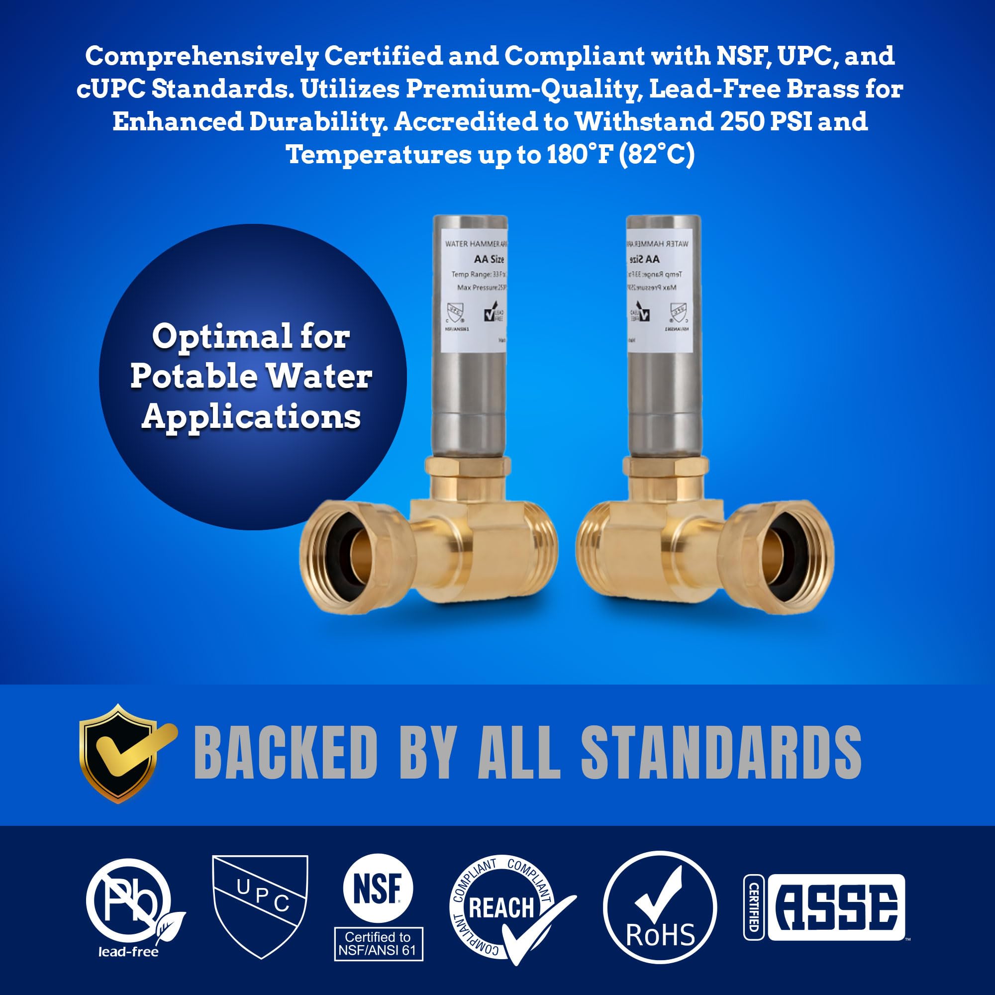 New Age America® AquaFlow 360™ 2pcs Hammer Arrestor | Straight | Washing Machine | 3/4" Male GHT & 3/4" Swivel Female GHT | 304 Stainless Steel & Brass