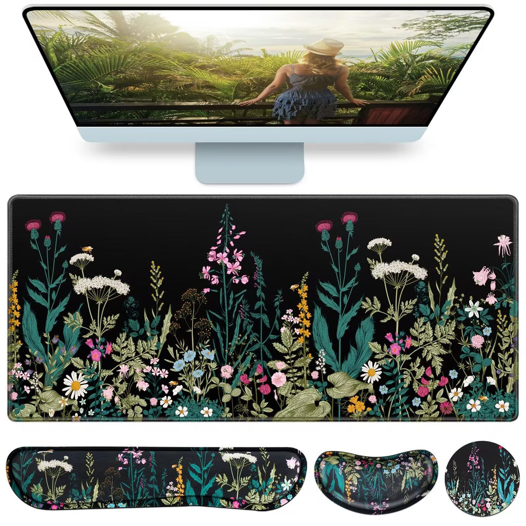 Mouse Pad, Large Gaming Mouse Pad with Wrist Rest, 4in1 XXL Desk Mat+Keyboard Wrist Rest+Wrist Support+Cup Coaster Set Ergonomic Floral Computer Desk Arm Wrist for Decor Home Office Women