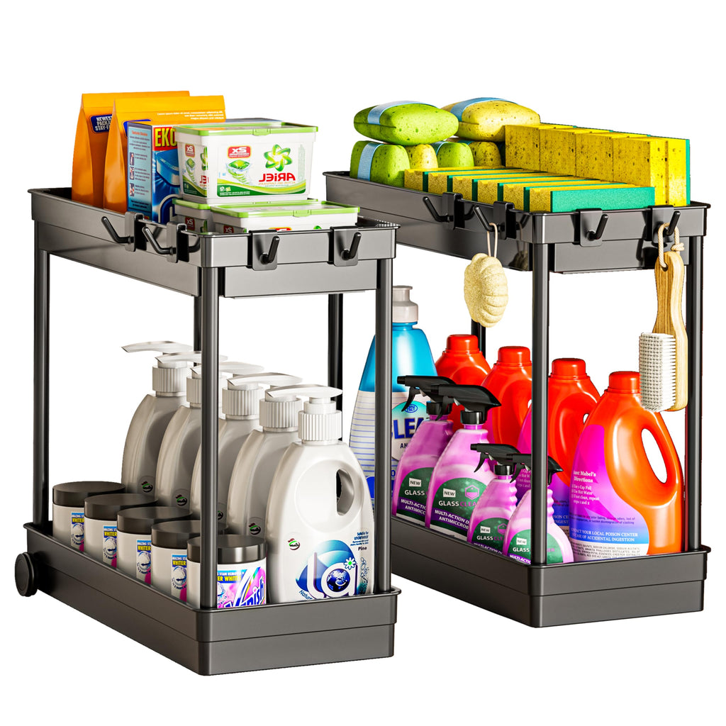 Cicilyna 2 Pack Under Sink Organizer, 2 Tier Bathroom Cabinet Organizers and Storage with Hook, Multi-purpose Storage Basket Shelf for Kitchen, Black