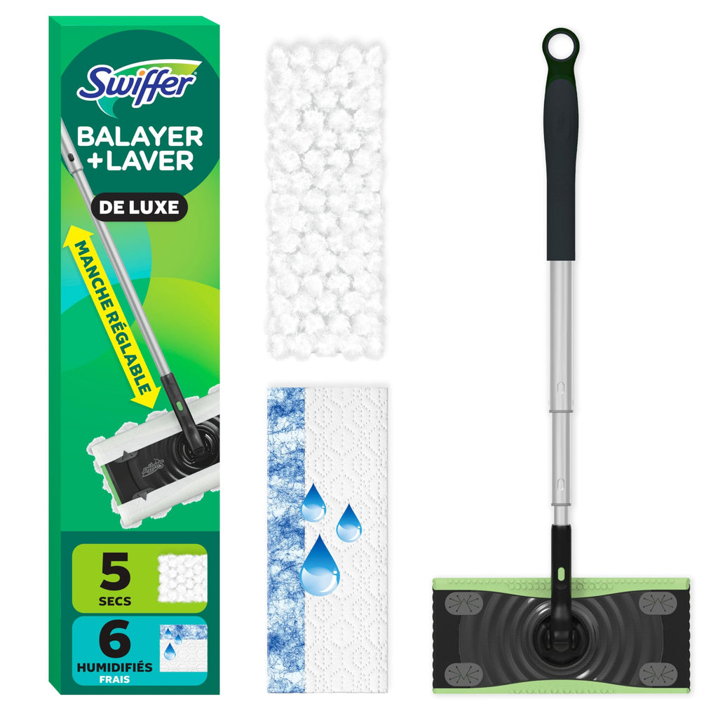 Swiffer Sweep and Mop Deluxe, 2-in-1 Floor Mopping and Sweeping Kit, Multi-Surface Kit for Floor Cleaning, Kit Includes 1 Sweeper Device, 5 Heavy Duty Dry Sweeping & 6 Heavy Duty Wet Mopping Cloths