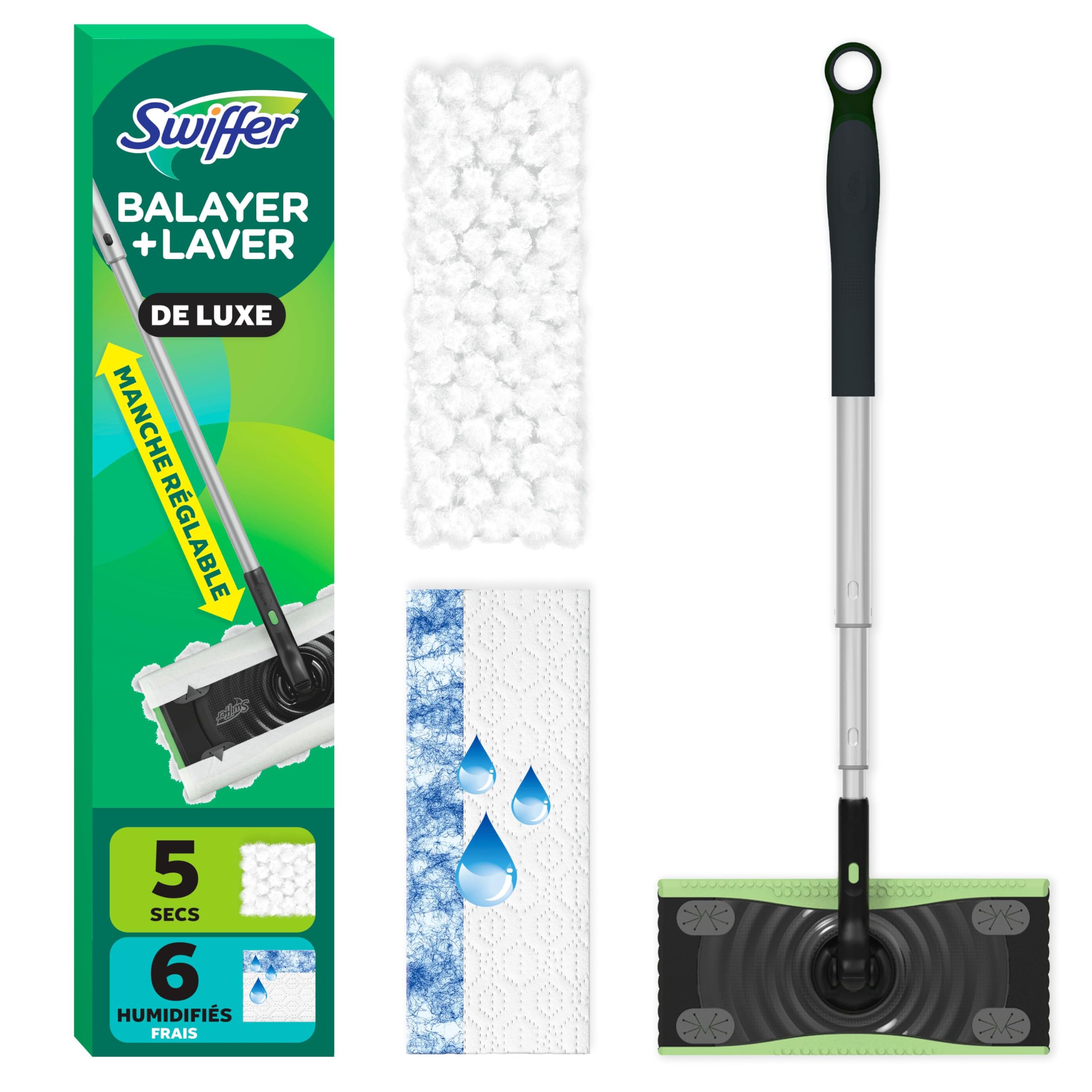 Swiffer Sweep and Mop Deluxe, 2-in-1 Floor Mopping and Sweeping Kit, Multi-Surface Kit for Floor Cleaning, Kit Includes 1 Sweeper Device, 5 Heavy Duty Dry Sweeping & 6 Heavy Duty Wet Mopping Cloths