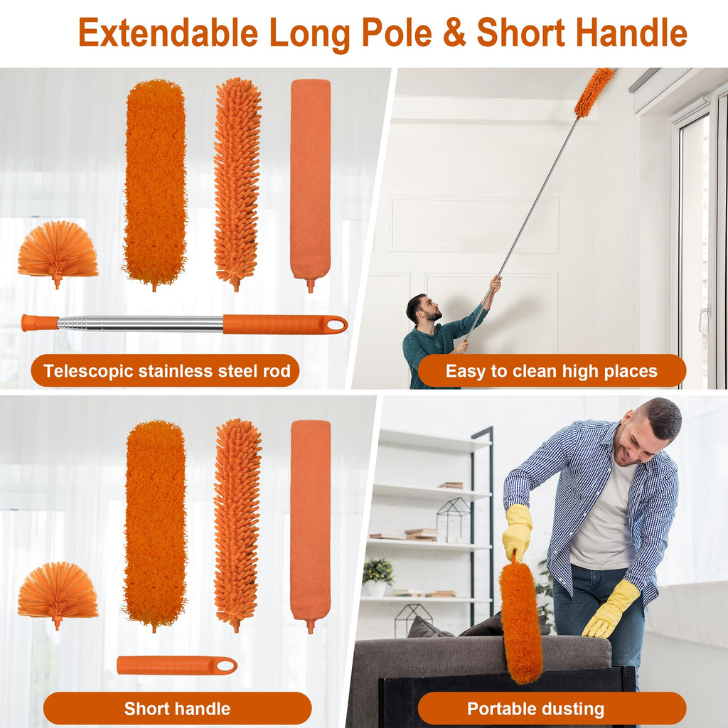 JEHONN Cobweb Duster with Extension Pole 96 inches, 8 PCS Extendable Long Handle Microfiber Feather Dust Remover, Telescoping Dusting Kit for Cleaning High Ceiling Fan, AC Vent House Exterior